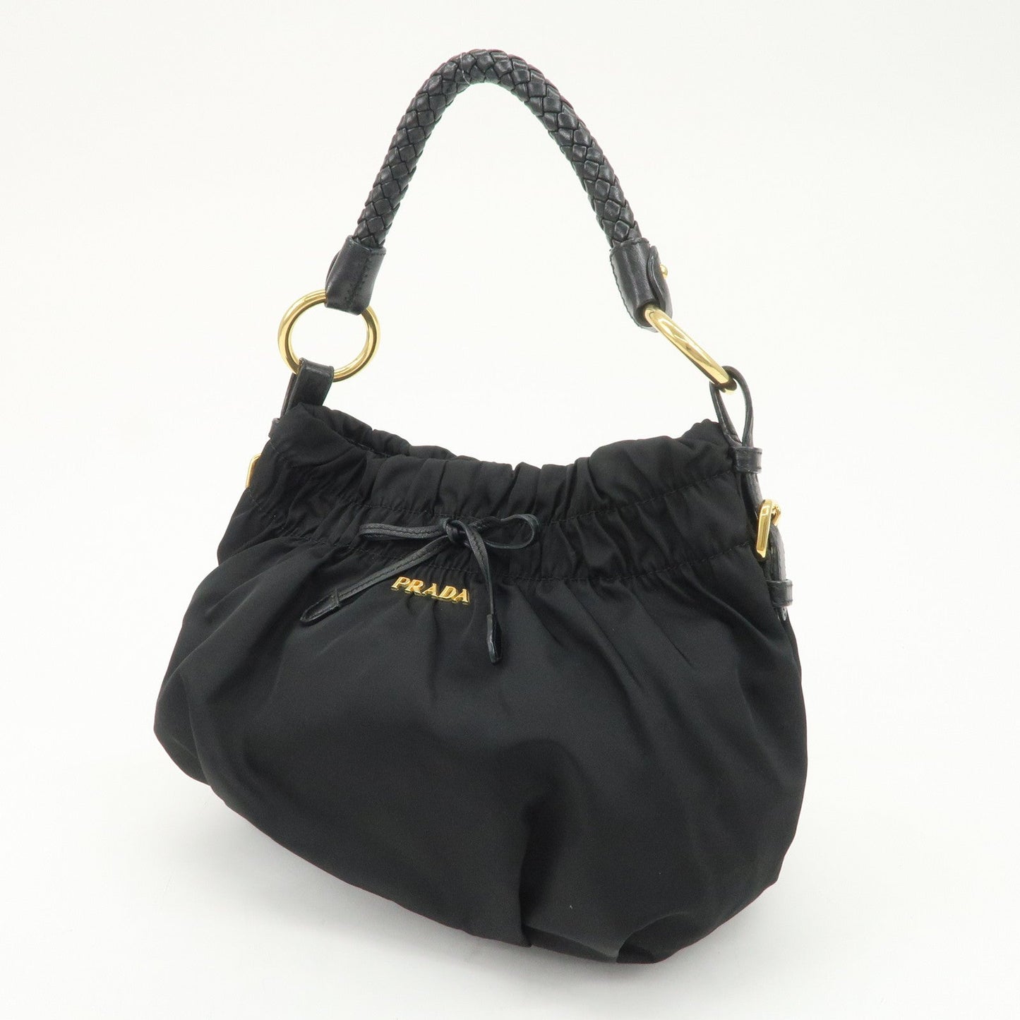 PRADA Nylon Leather Gathered Ribbon Shoulder Bag Hand Bag BR4237