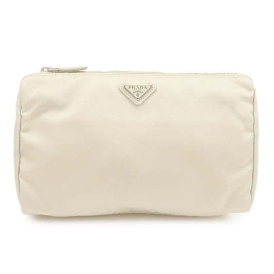 PRADA Triangle Logo Nylon Cosmetic Pouch Makeup Bag Ivory 1NA012