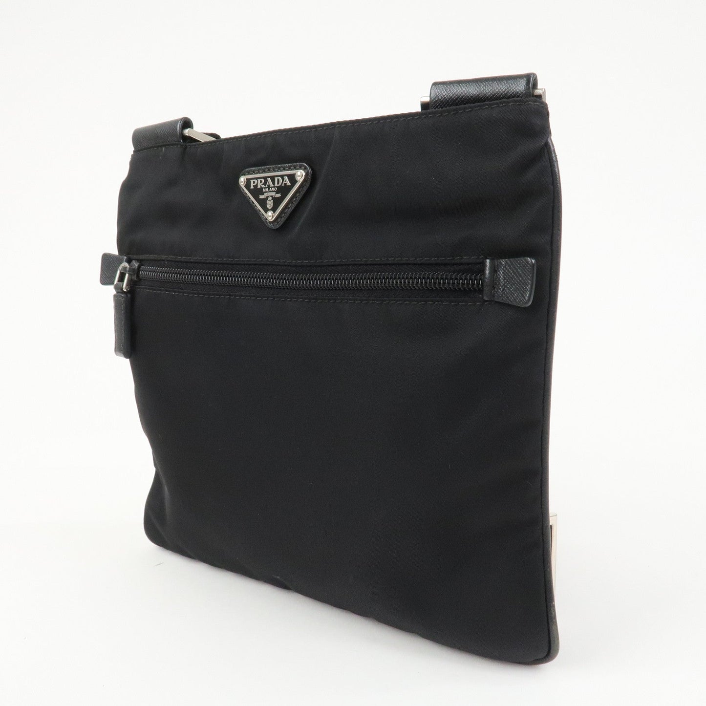 PRADA Triangle Logo Nylon Leather Shoulder Bag Black 1BH978