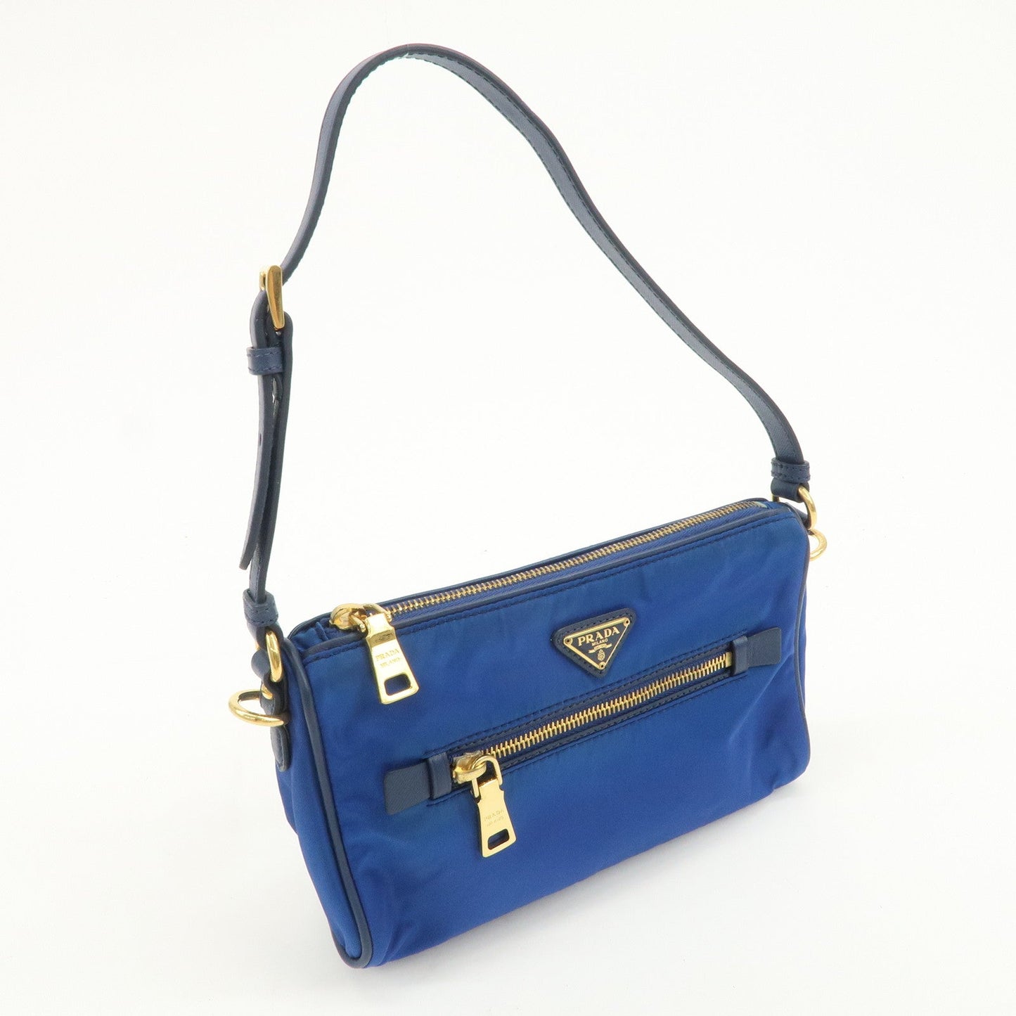 PRADA Triangle Logo Nylon Leather Mini Shoulder Bag Blue BN1834