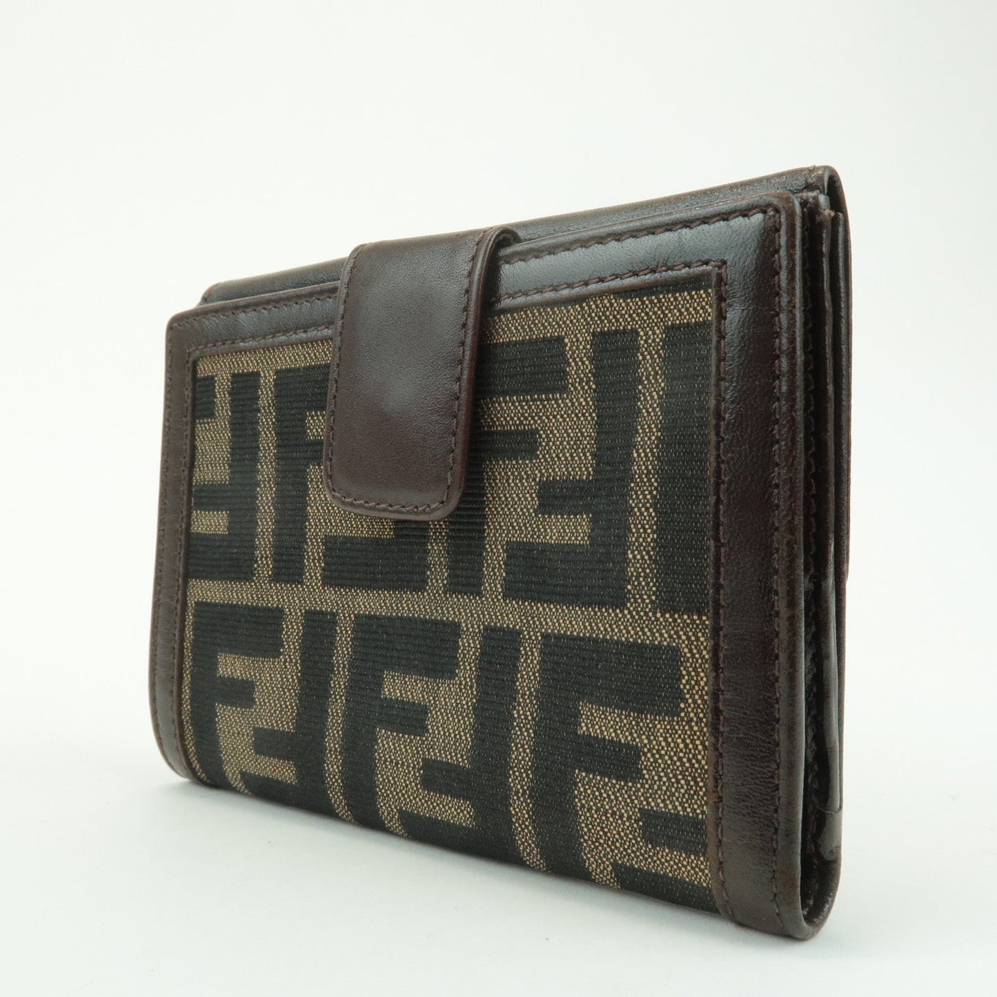 FENDI Zucca Leather Canvas Double Hook Bi-fold Wallet Brown 30795