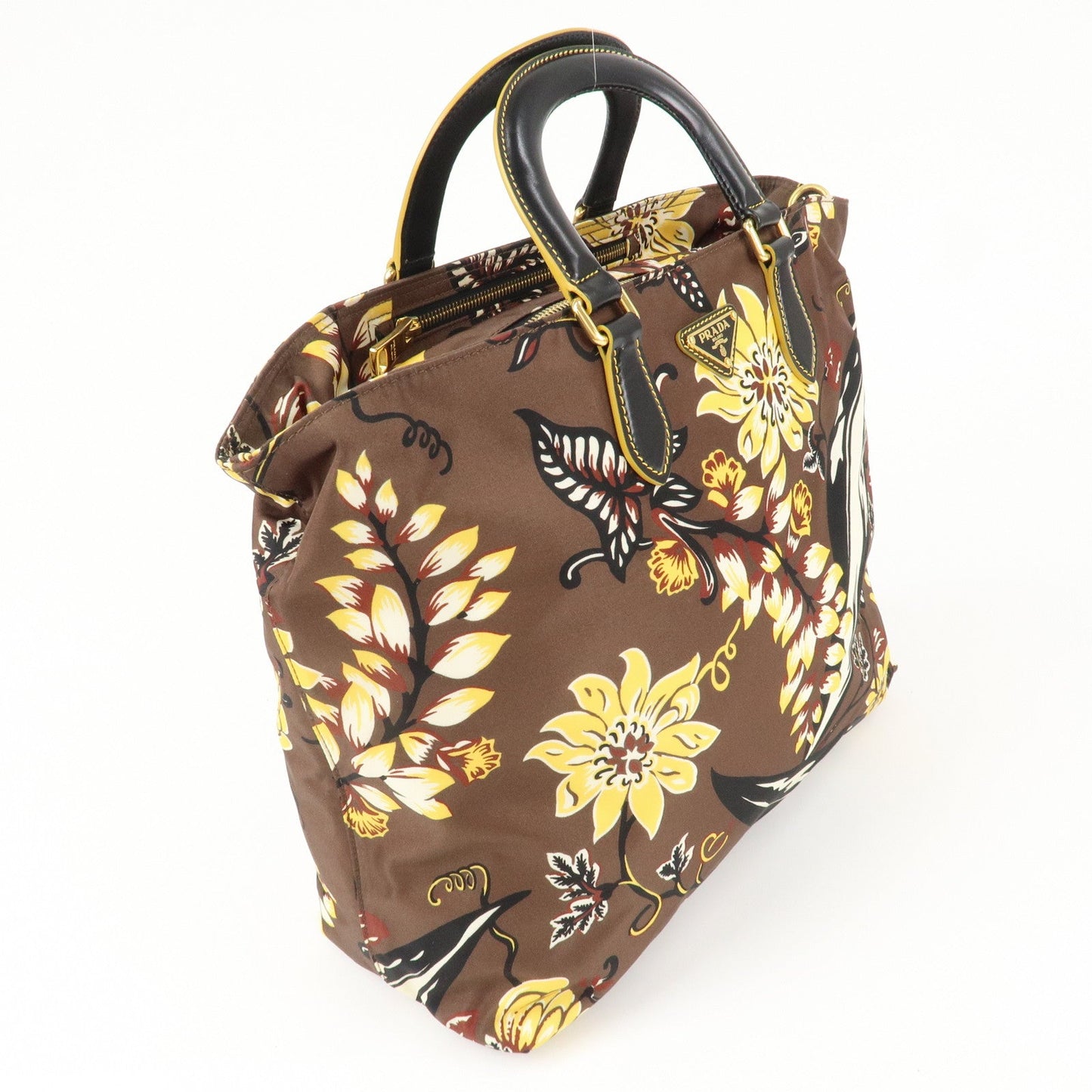 PRADA Triangle Logo Nylon Leather 2Way Bag Shoulder Bag Hand Bag Floral Print Brown Yellow BN2741
