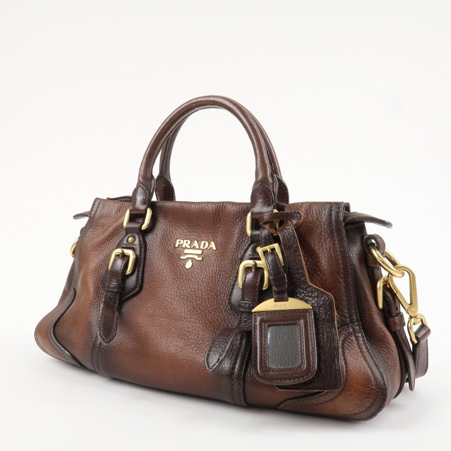 PRADA Logo Leather 2WAY Tote Bag Hand Bag Brown Gold Hardware
