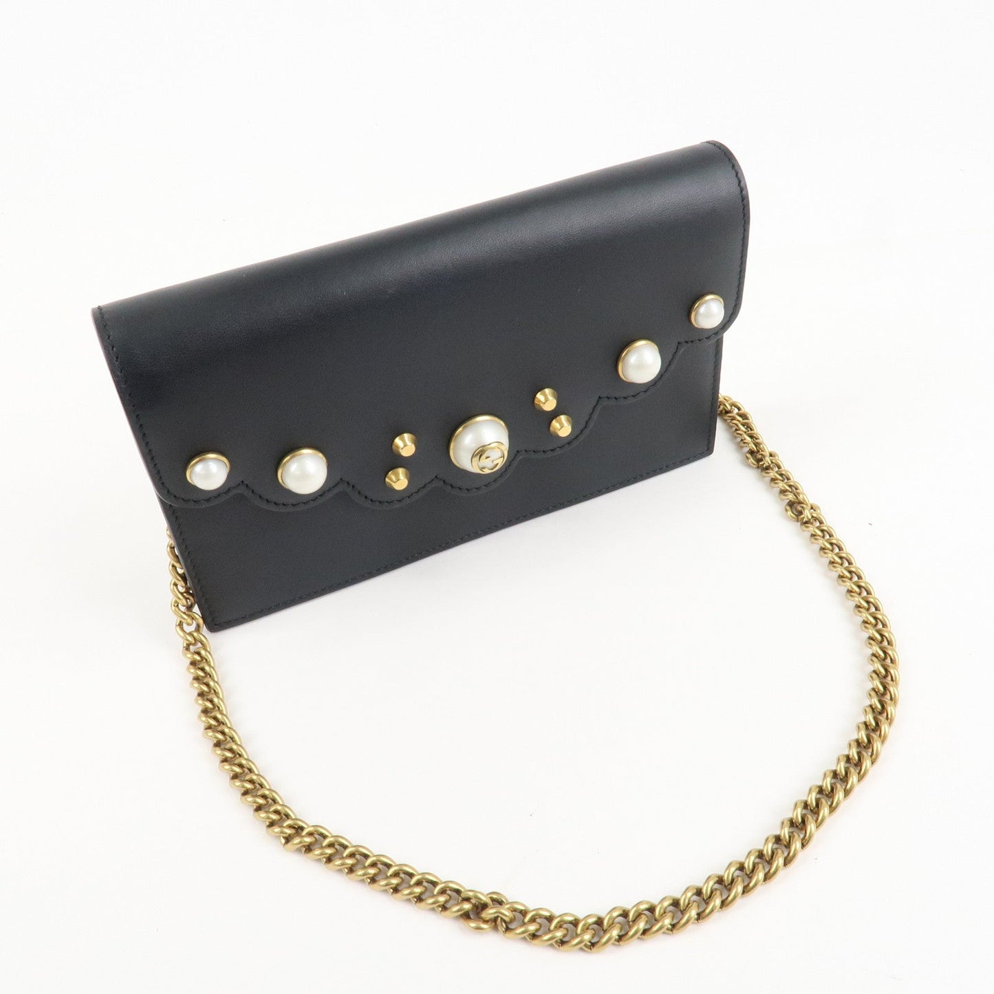 GUCCI GG Marmont Leather Chain Wallet Gold HDW Black 431478