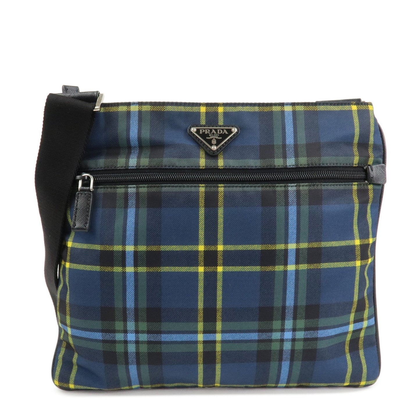 PRADA Triangle Logo Nylon Plaid Shoulder Bag Navy Multicolor VA053M