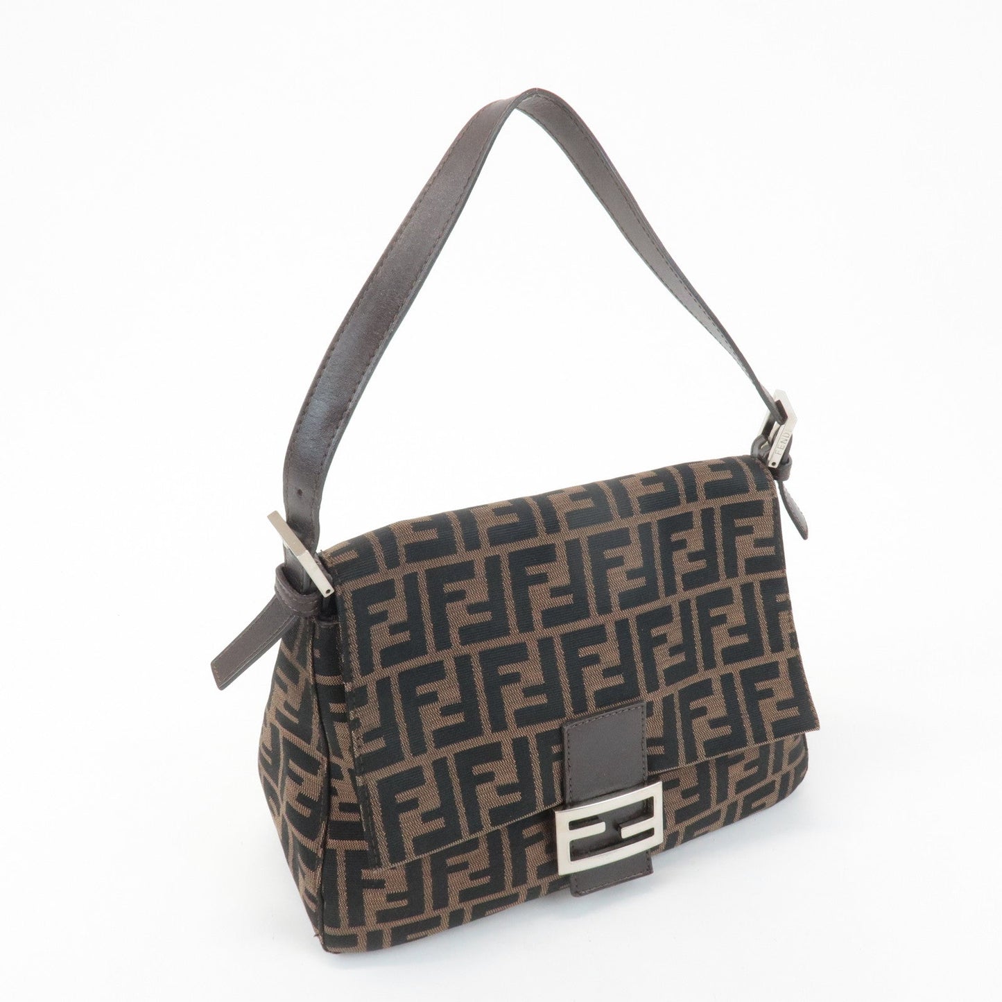 FENDI Mamma Baguette Canvas Leather Shoulder Bag Silver HDW 26325