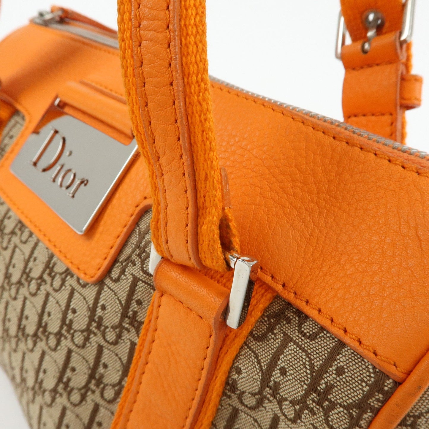 Christian Dior Trotter Canvas Leather Boston Hand Bag Beige Orange