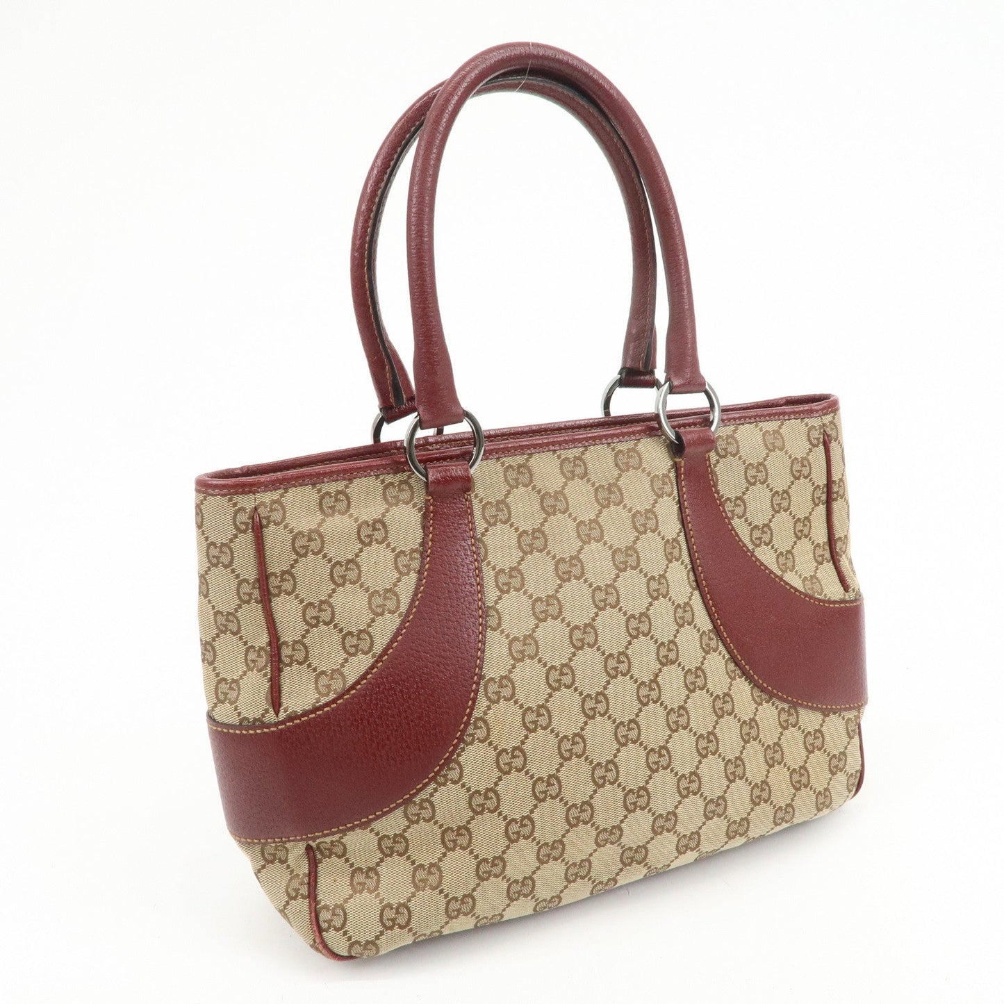 GUCCI GG Monogram Canvas Leather Tote Bag Beige Bordeaux 113011