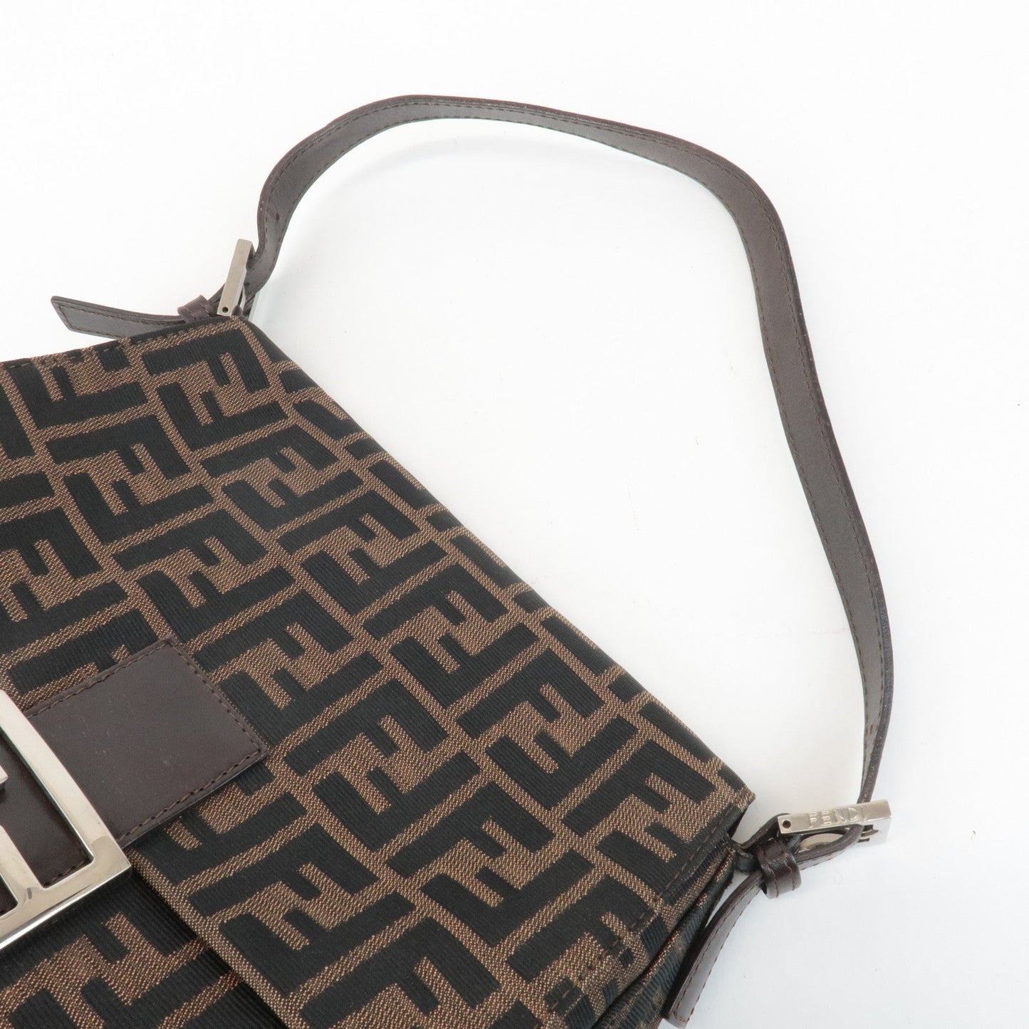 FENDI Mamma Baguette Canvas Leather Shoulder Bag Silver HDW 26325