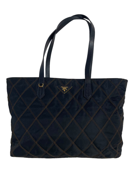 Prada Navy Nylon Quilted Tote Bag w/Contrast Stitching