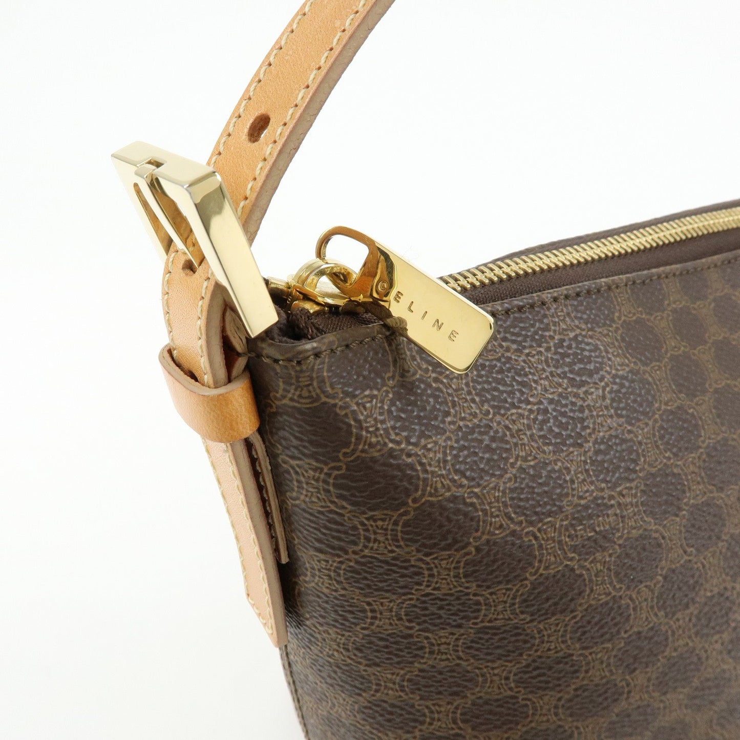 CELINE Macadam PVC Coated Canvas Leather Hand Bag Brown Beige