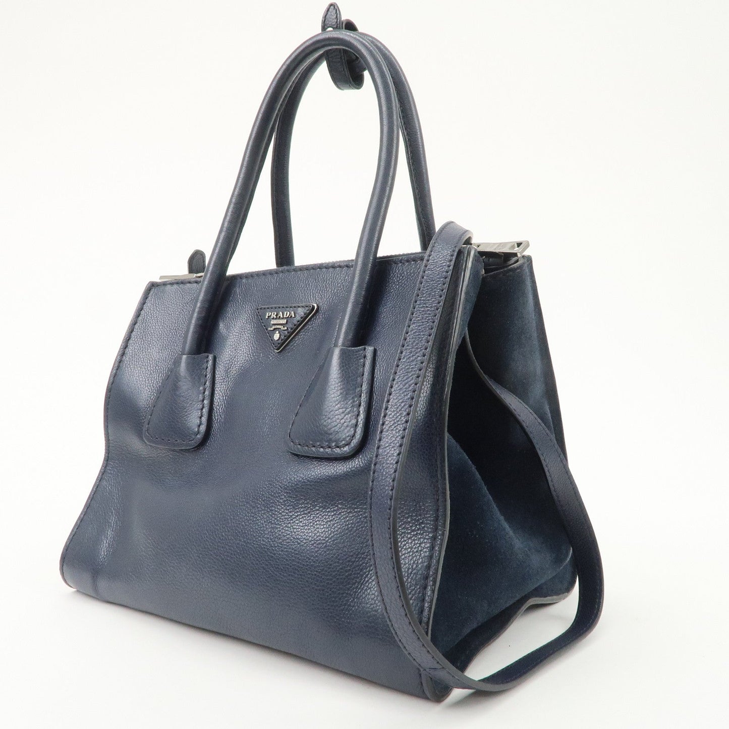 PRADA Triangle Logo Leather 2Way Bag Tote Bag Hand Bag Navy B2625M