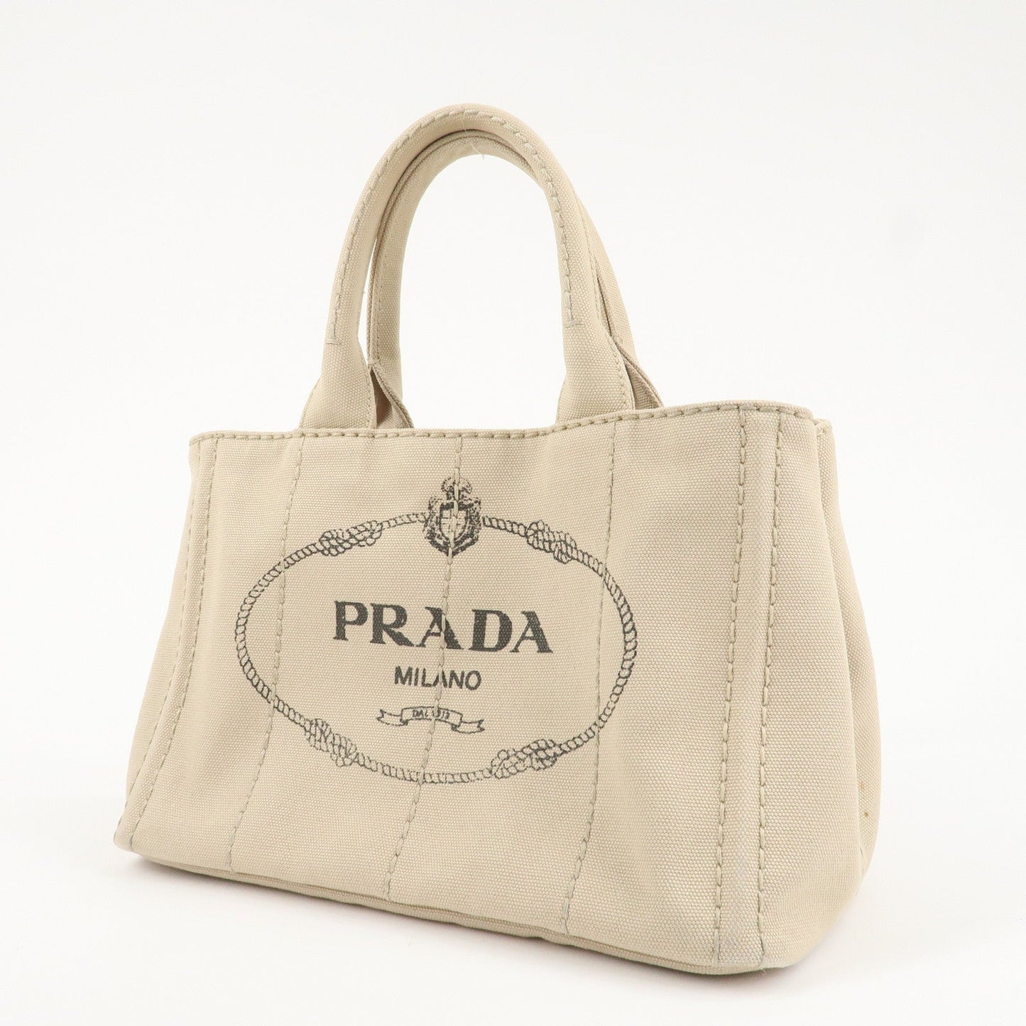 PRADA Logo Canapa Mini Canvas Tote Bag Hand Bag Beige 1BG439