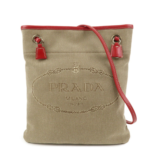 PRADA Logo Canvas Leather Shoulder Bag Crossbody Bag Beige BT0551