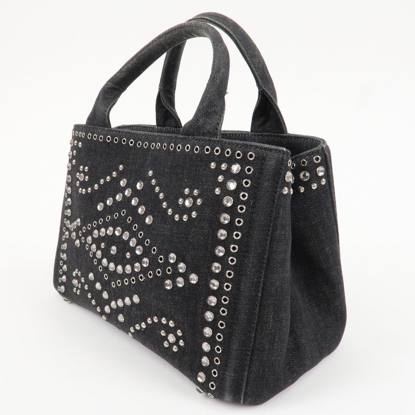 PRADA Canapa Mini Canvas Studs 2Way Shoulder Bag Hand Bag Black B2439G