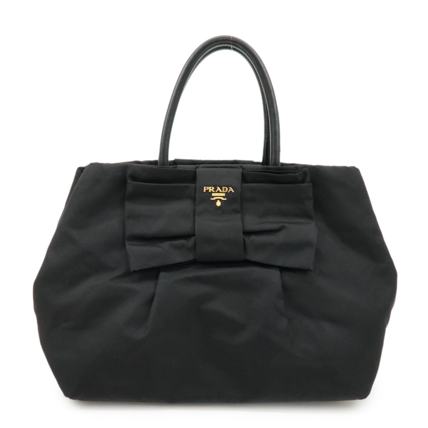 PRADA Nylon Leather Ribbon Hand Bag Tote Bag Black BN1601