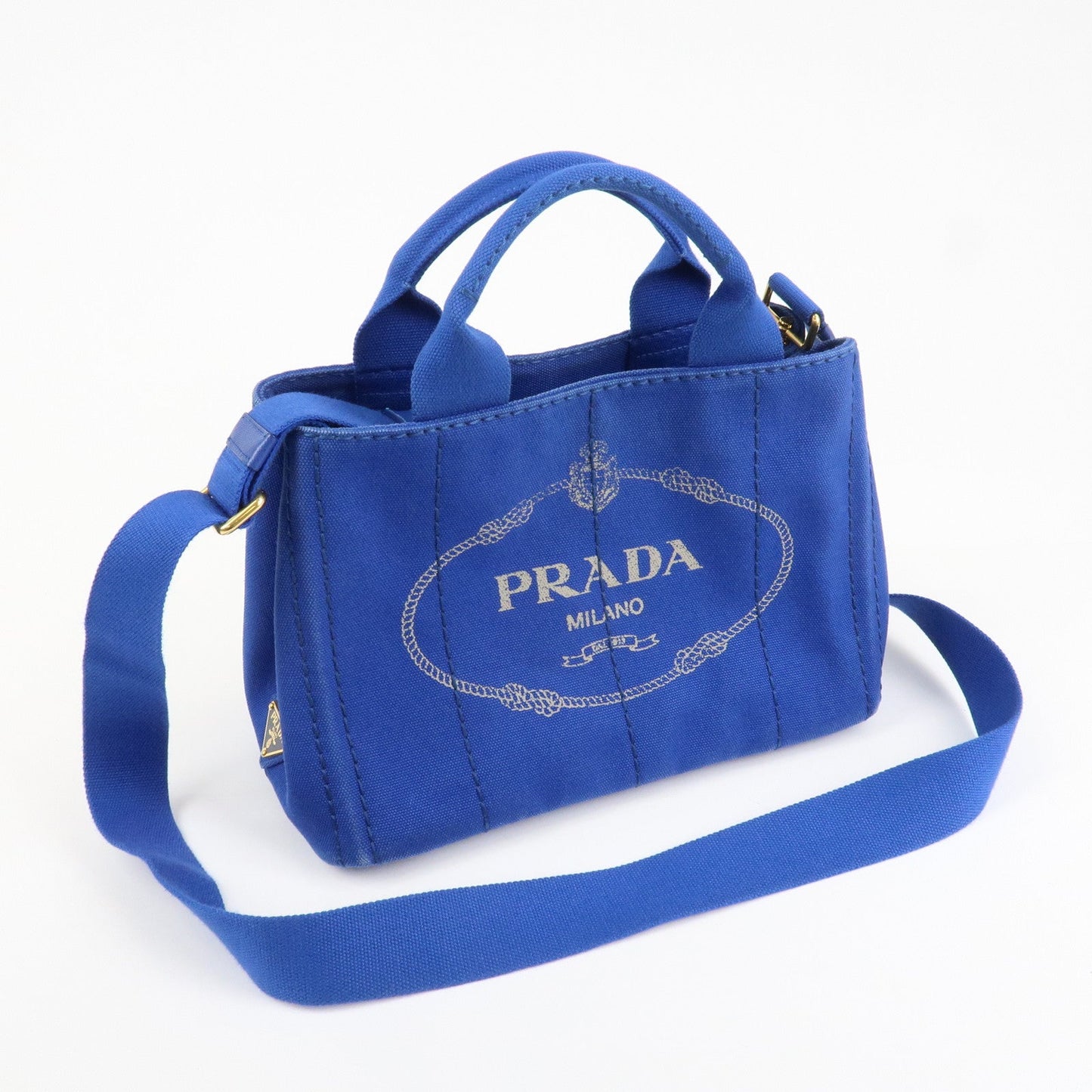 PRADA Logo Canapa Mini Canvas 2Way Tote Shoulder Bag Blue BN2439