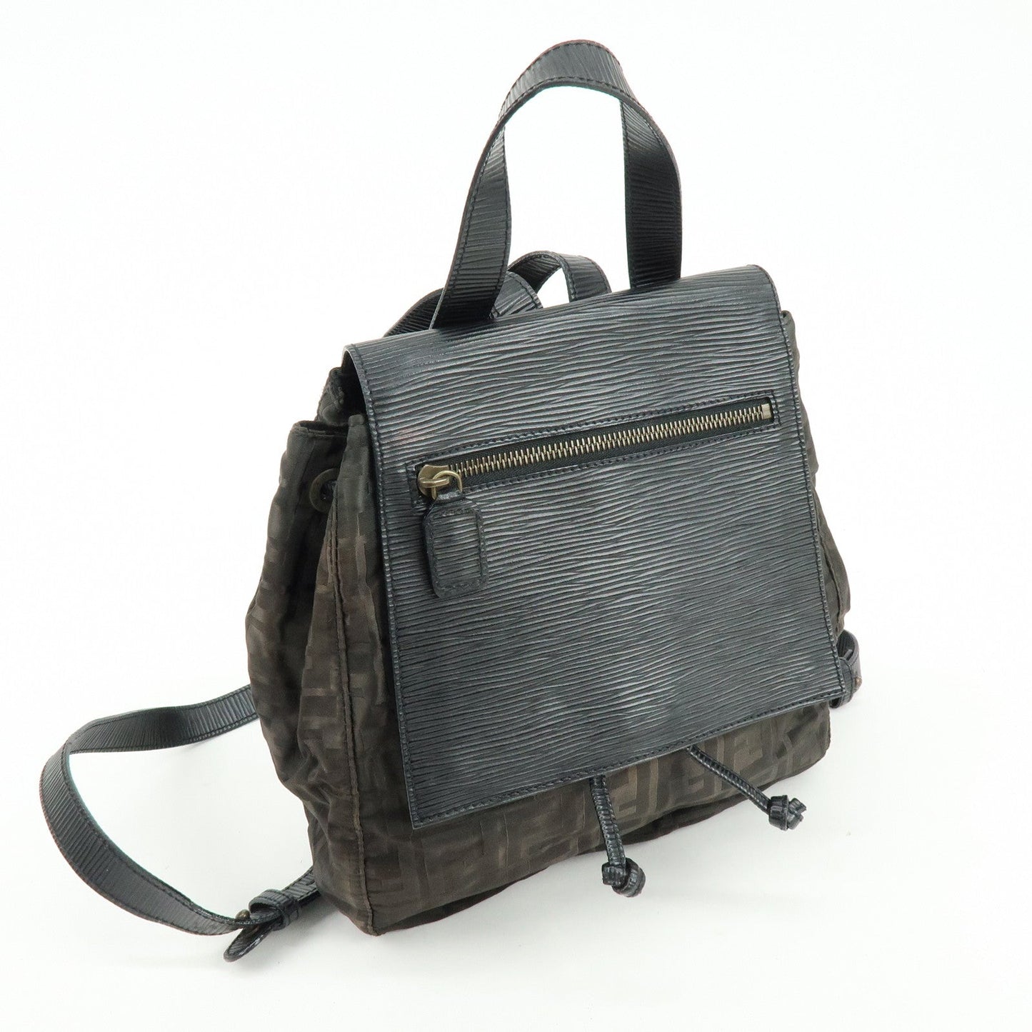 FENDI Logo Zucca Nylon Leather Backpack Rucksack Black