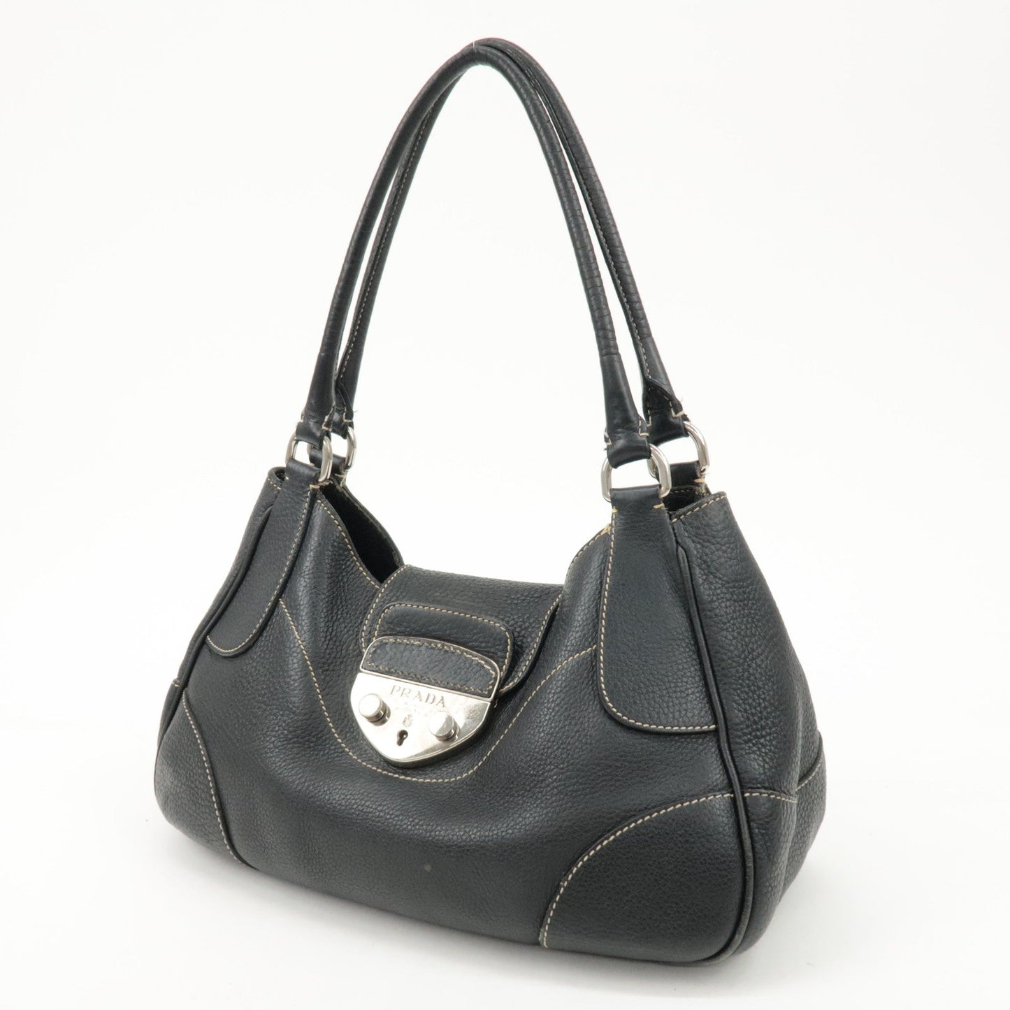 PRADA Logo Leather Shoulder Bag Hand Bag Black BR3593
