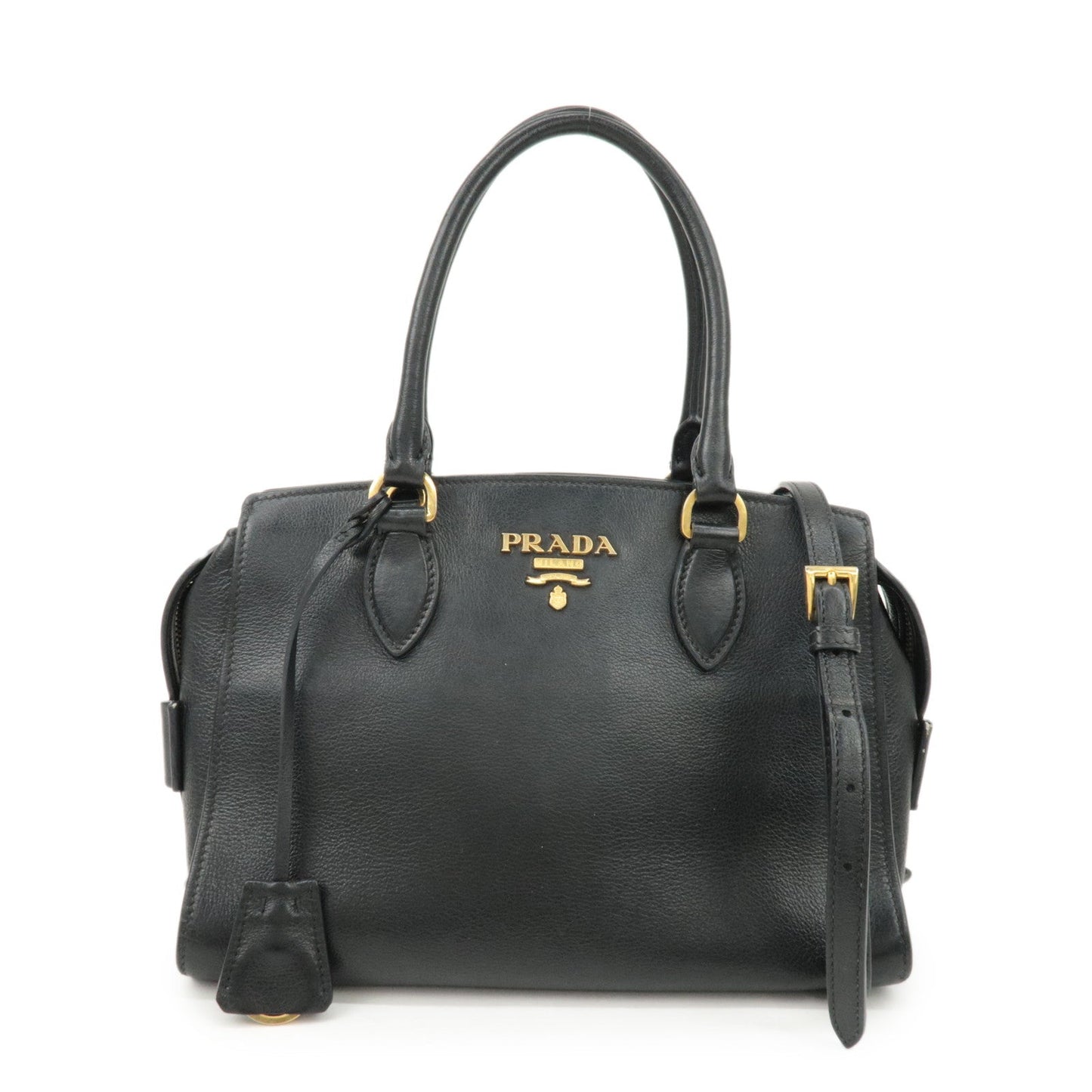 PRADA Leather 2Way Bag Shoulder Hand Bag Black Gold