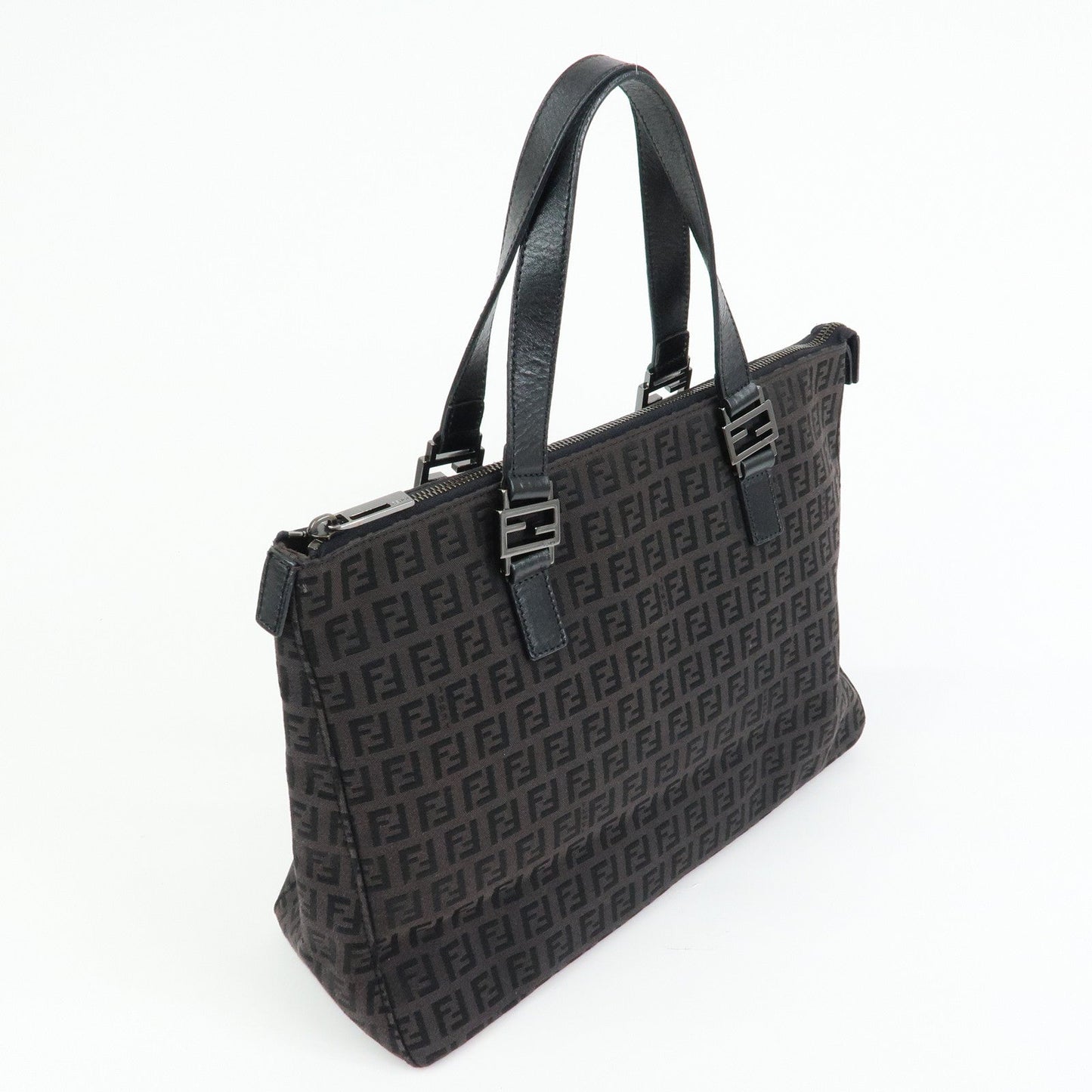 FENDI Zucchino Canvas Leather Tote Bag Hand Bag Black