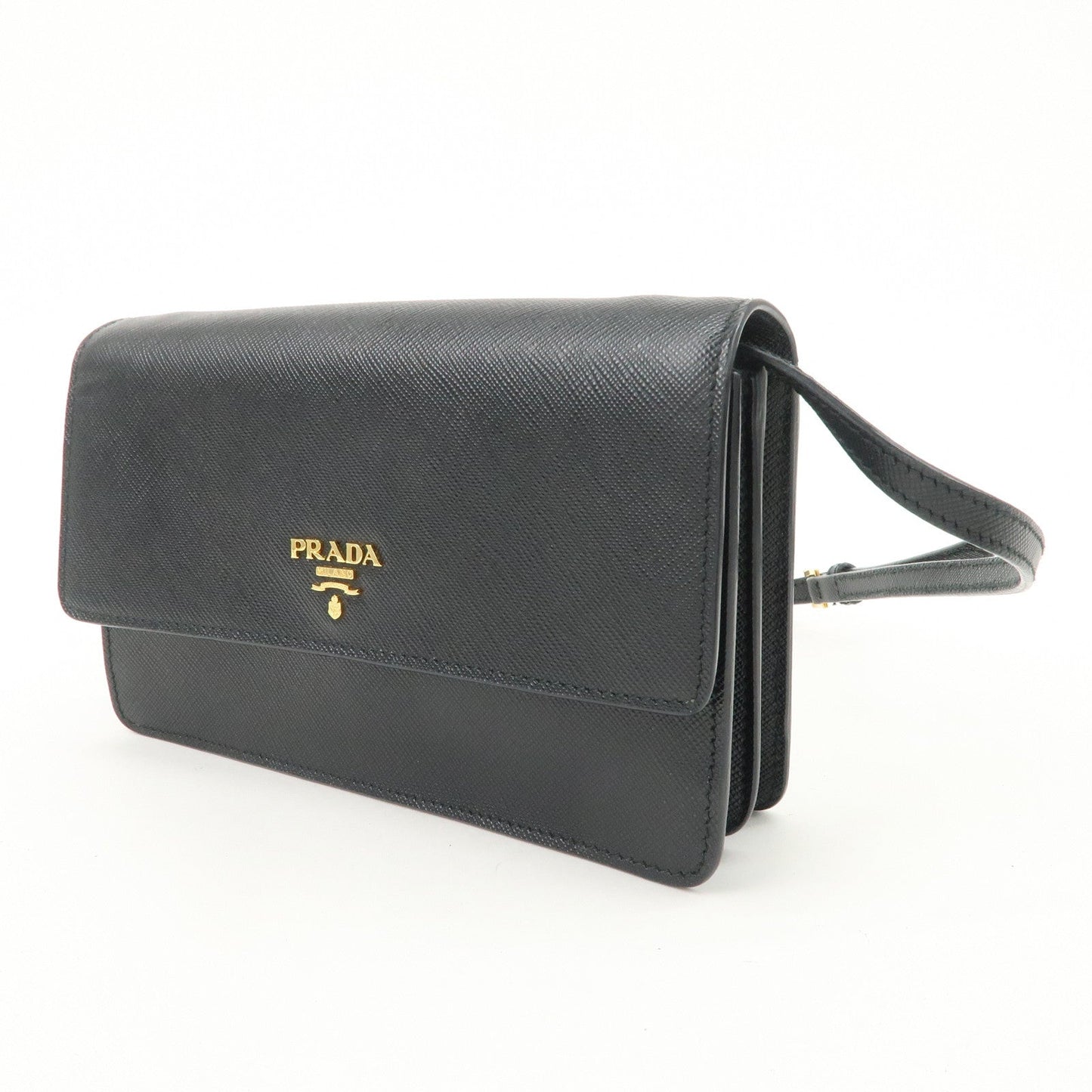 PRADA Saffiano Leather Shoulder Wallet Shoulder Bag Black BT1019