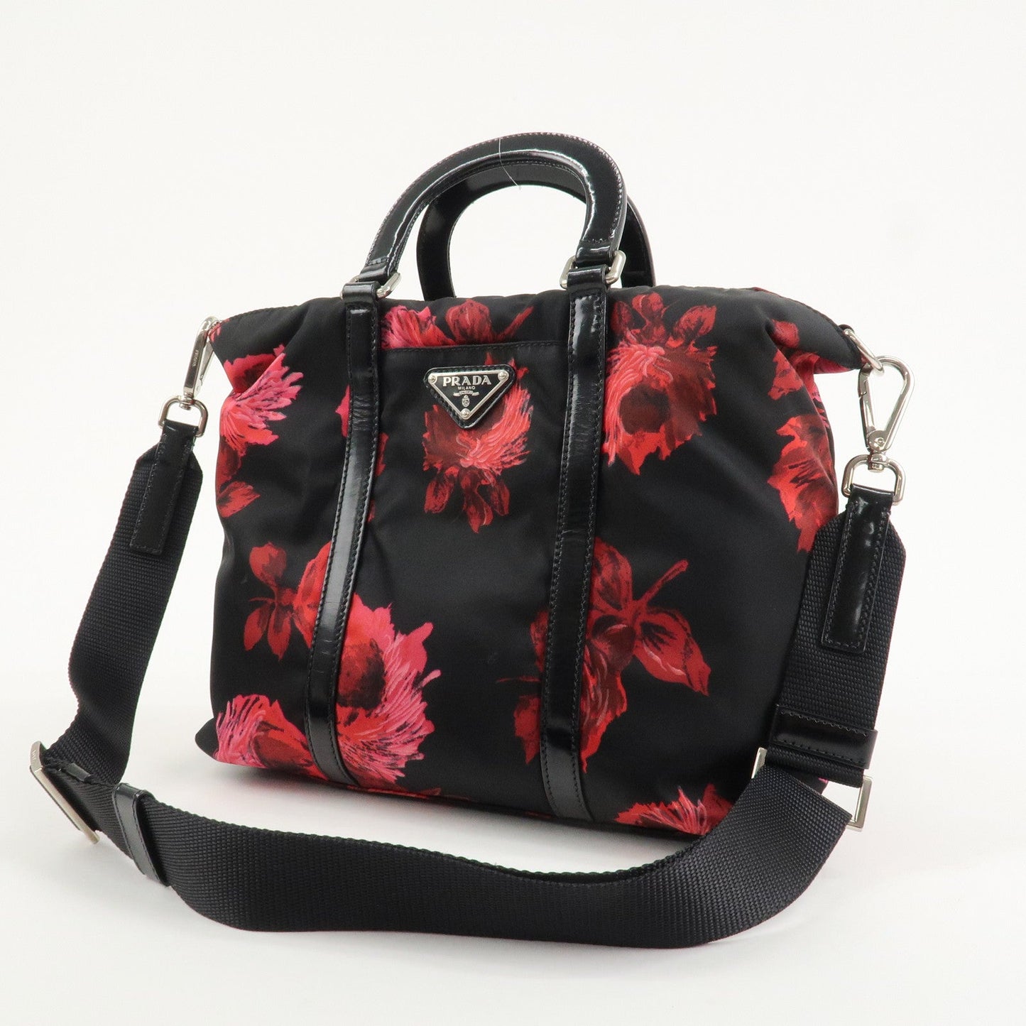PRADA Triangle Logo Nylon Patent Leather 2Way Bag Flower BN1066