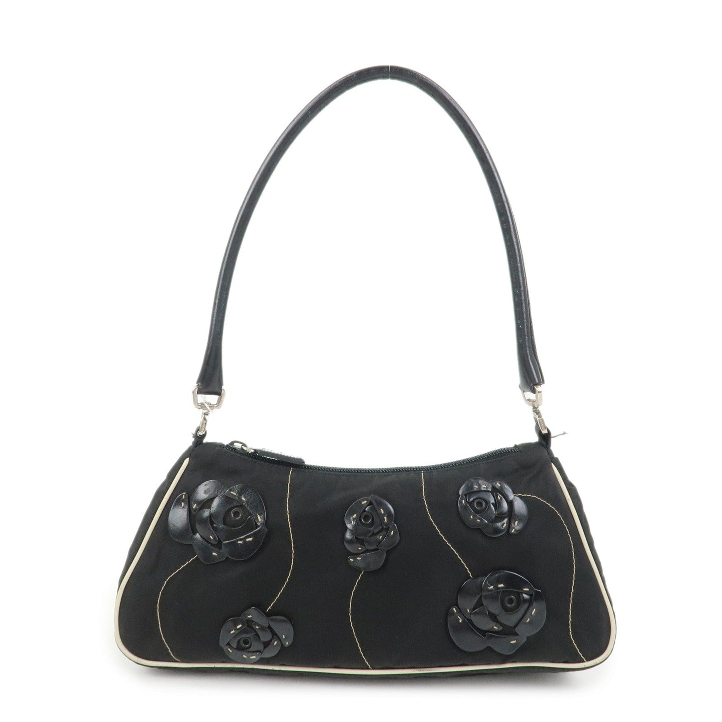 PRADA Nylon Leather Shoulder Bag Hand Bag Flower Motif Black