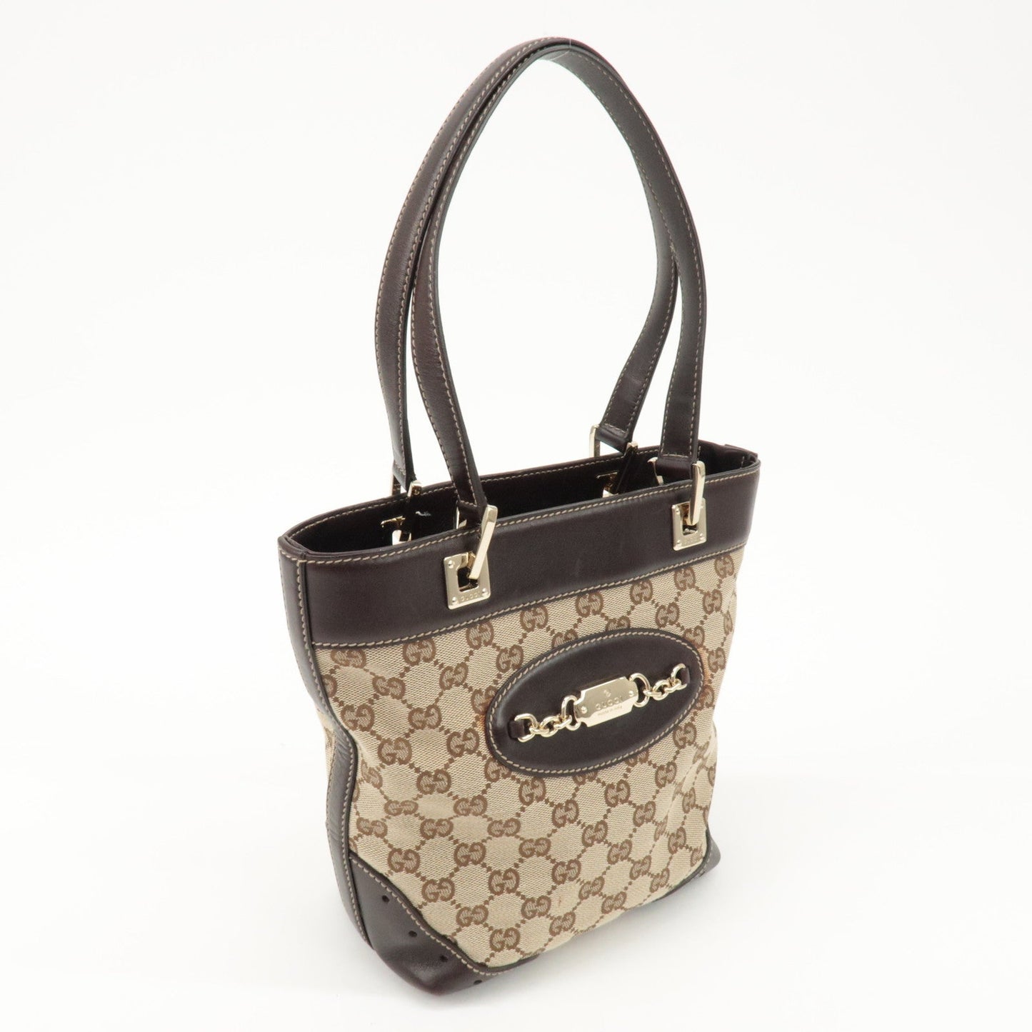 GUCCI GG Canvas Leather Tote Bag Hand Bag Beige Dark Brown 145994