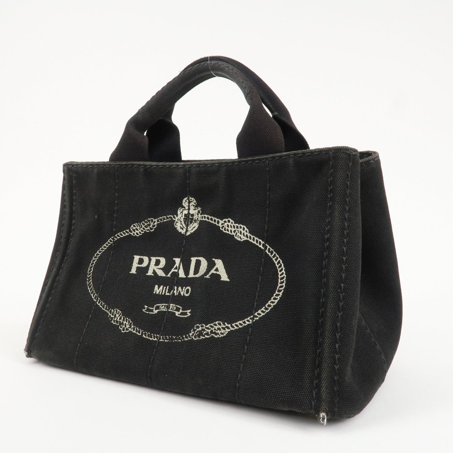 PRADA Logo Canapa Mini Canvas Tote Bag Hand Bag Black BN2439