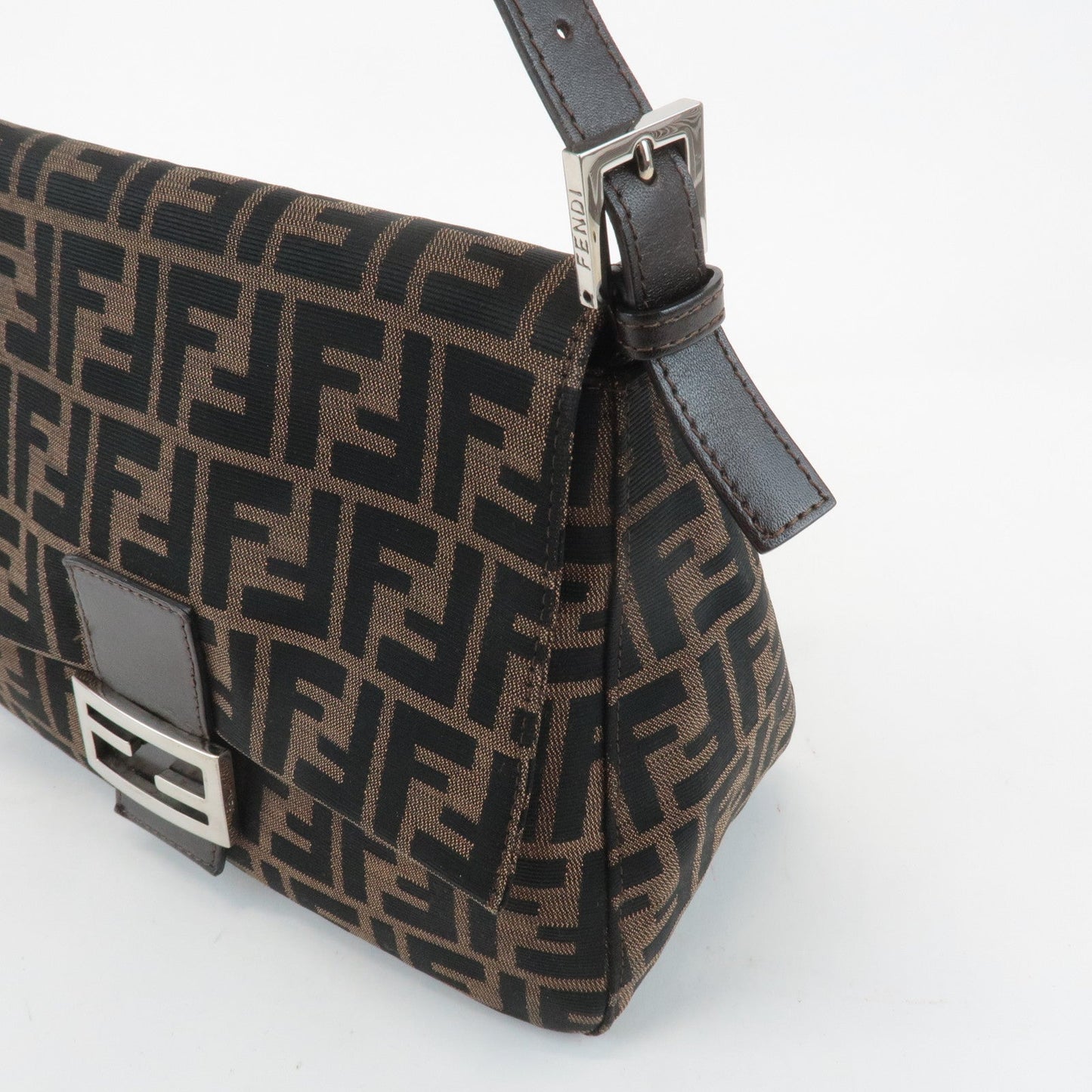 FENDI Mamma Baguette Canvas Leather Shoulder Bag Silver HDW 26325