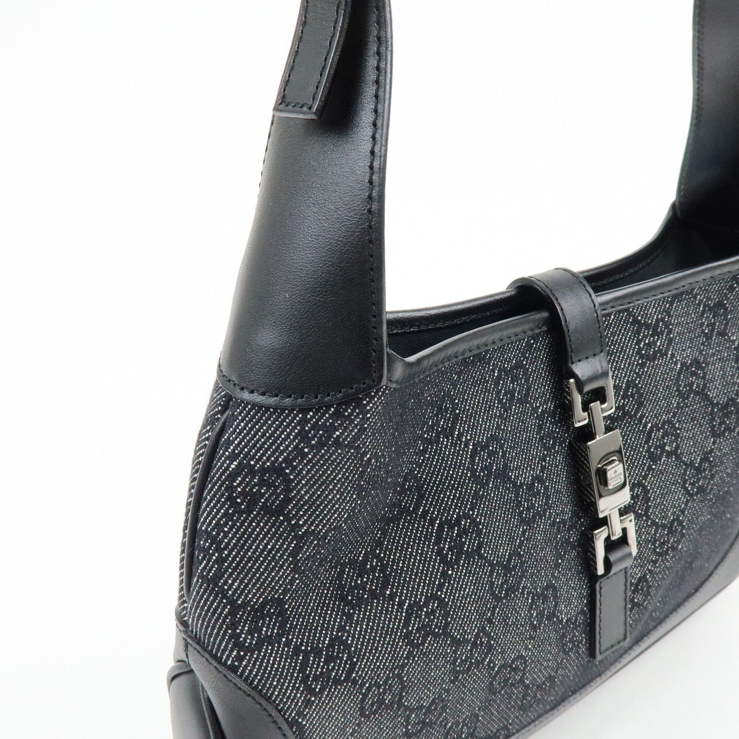 GUCCI Jackie GG Denim Leather Shoulder Bag Hand Bag Black 01147