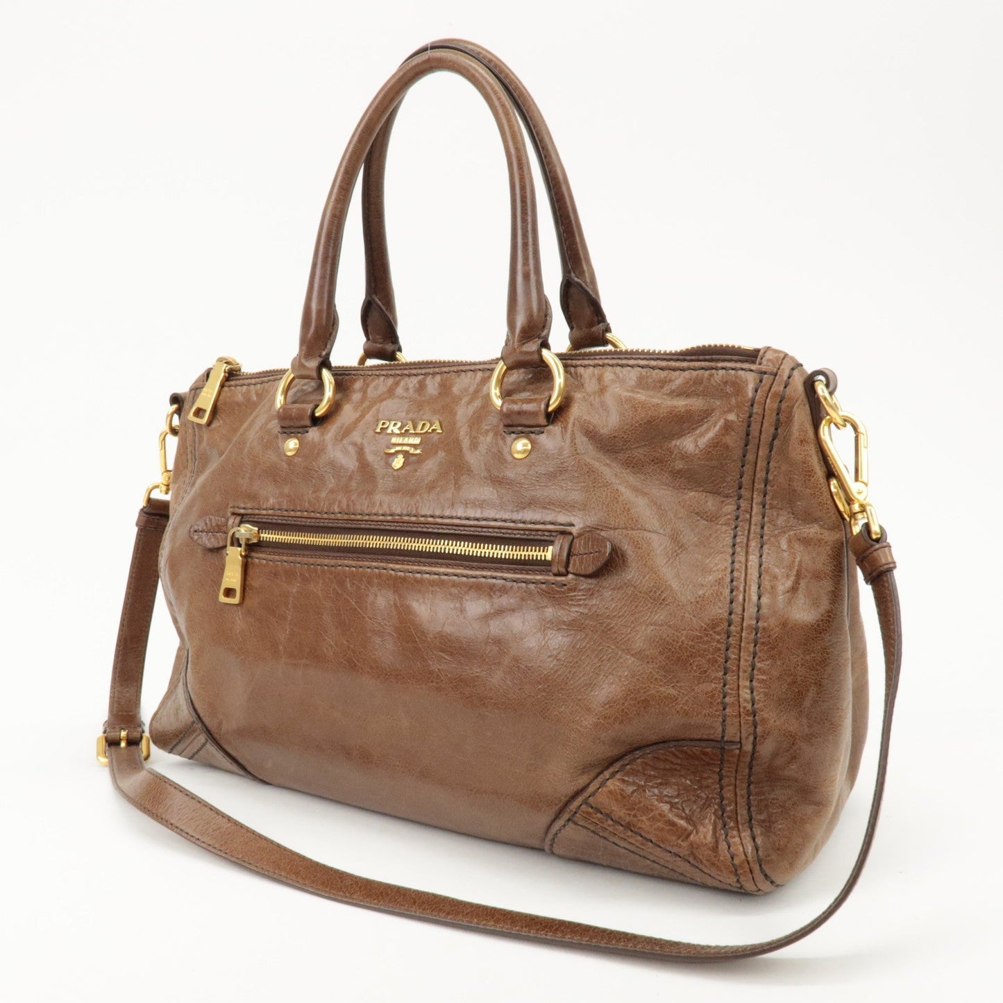 PRADA Logo Leather 2Way Bag Tote Bag Shoulder Bag Brown BL0727