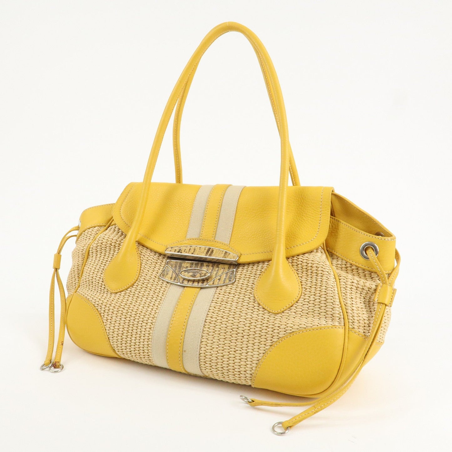 PRADA Triangle Logo Leather Raffia Tote Bag Beige Yellow
