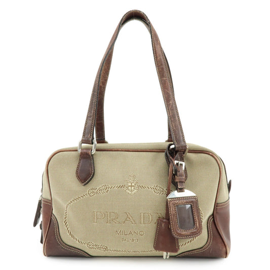 PRADA Leather Logo Jacquard Tote Bag Hand Bag Beige Brown