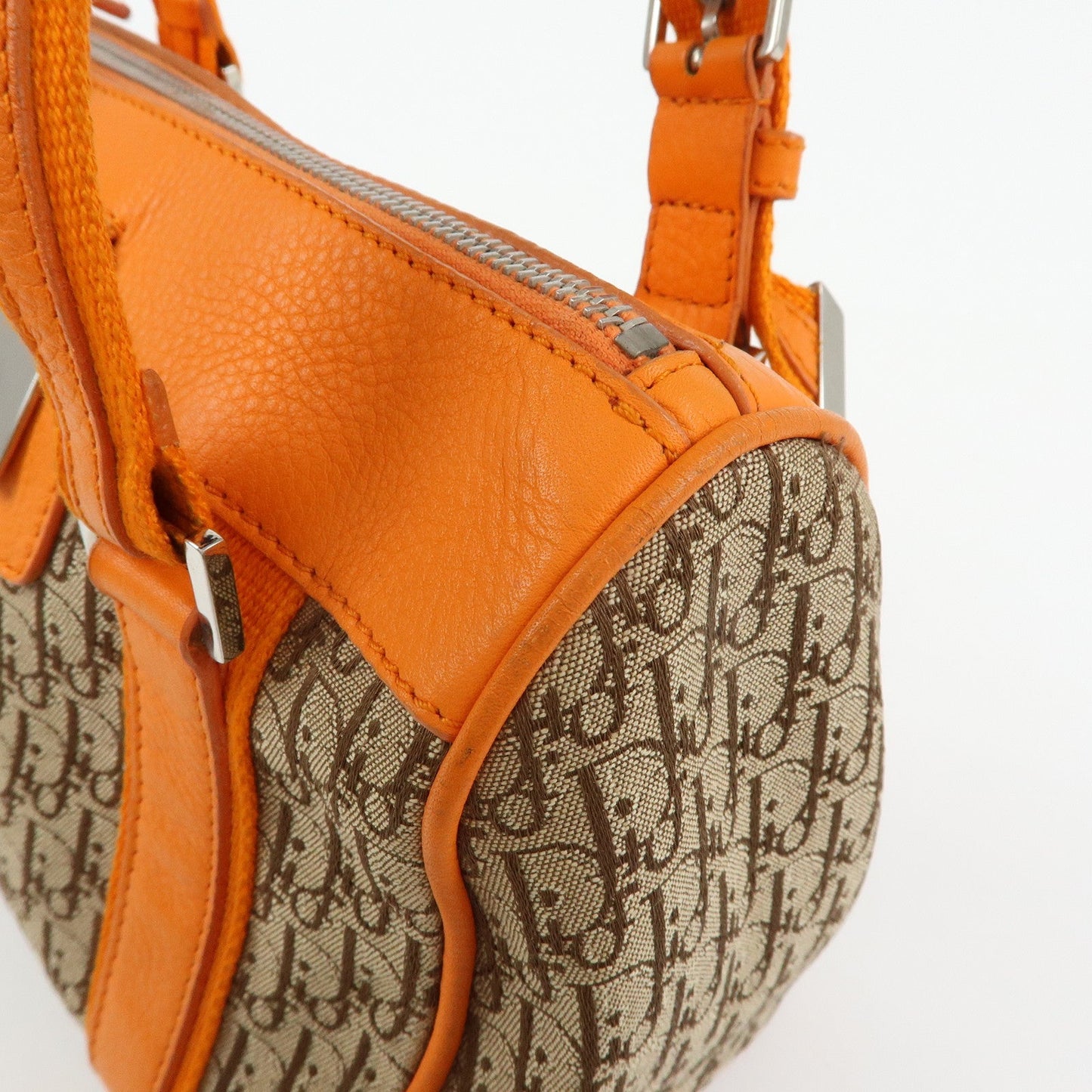 Christian Dior Trotter Canvas Leather Boston Hand Bag Beige Orange