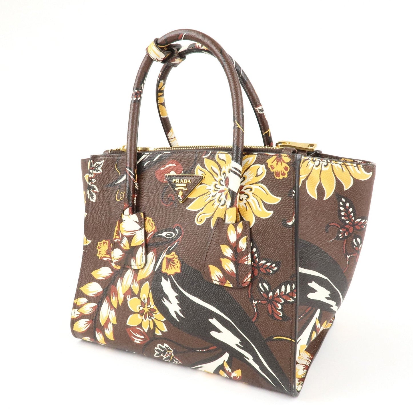 PRADA  Triangle Logo Saffiano Leather 2Way Bag Hand Bag Shoulder Bag Brown Yellow B2625P