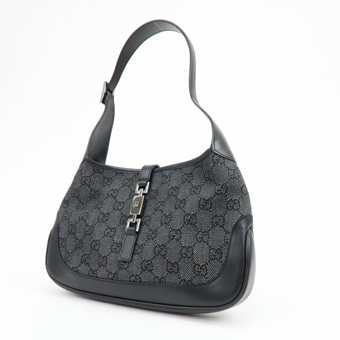 GUCCI Jackie GG Denim Leather Shoulder Bag Hand Bag Black 01147