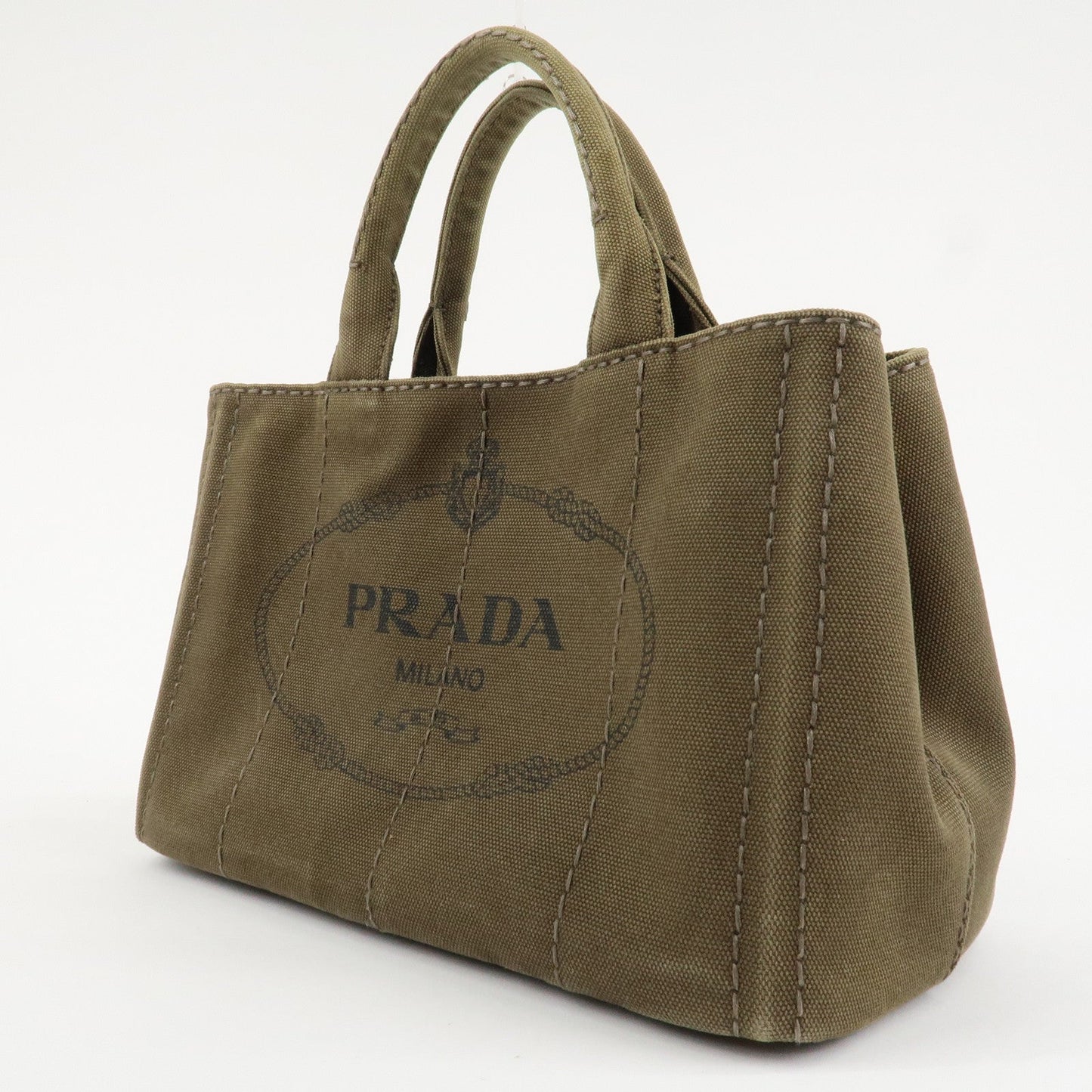 PRADA Logo Canapa Mini Canvas Tote Bag Hand Bag Khaki BN2439