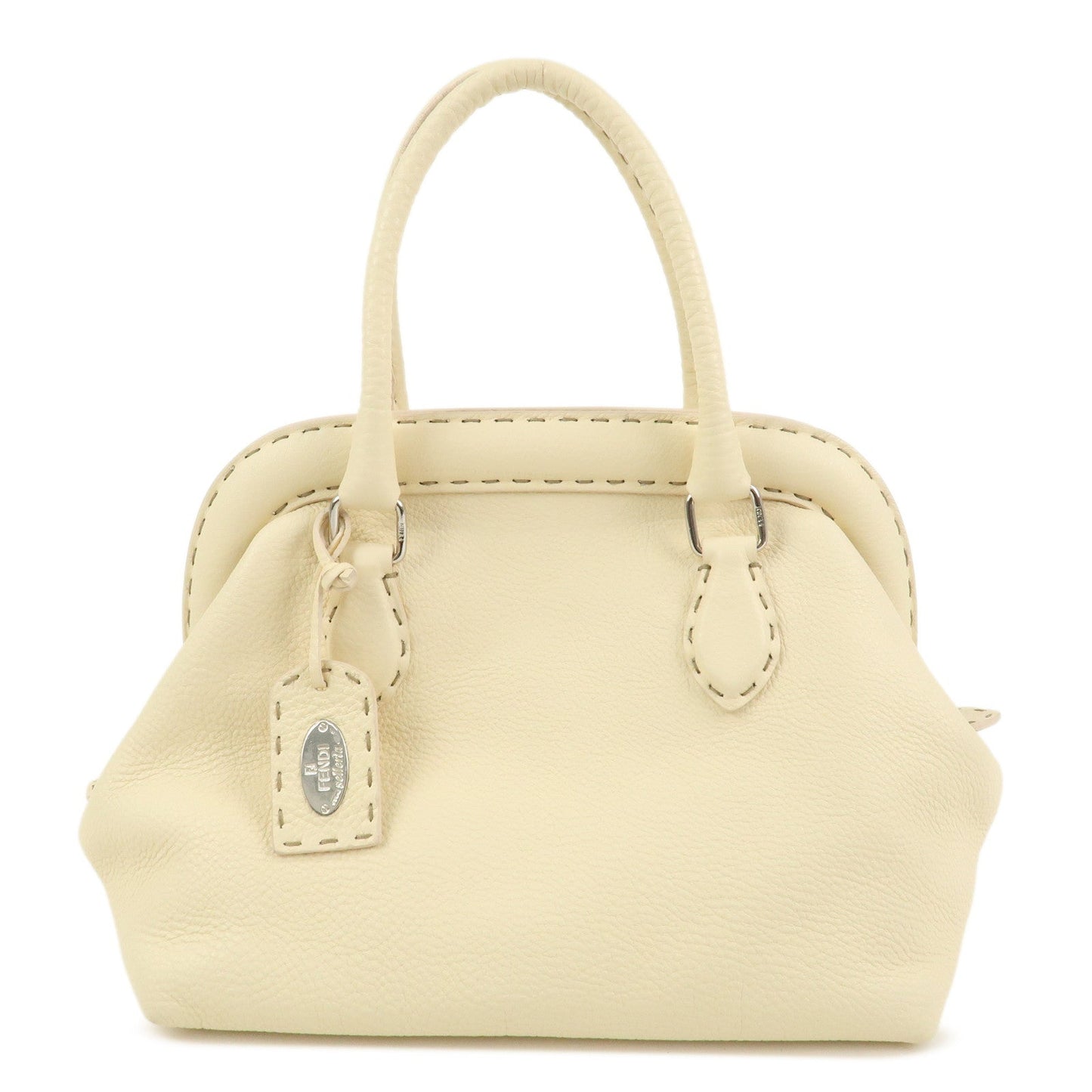 FENDI Selleria Leather Boston Bag Hand Bag Cream 8BN127