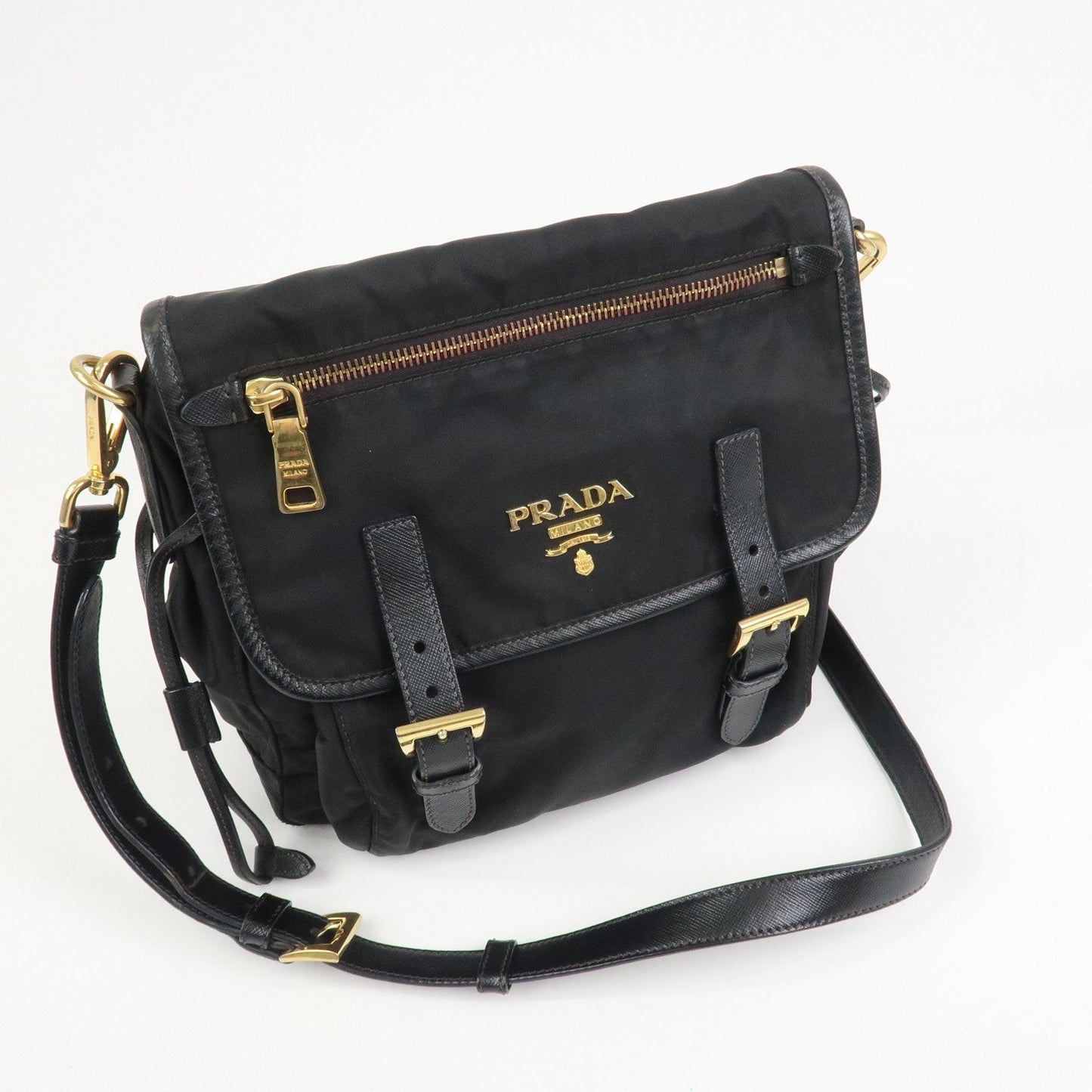 PRADA Logo Nylon Saffiano Leather Shoulder Bag Crossbody Bag Black