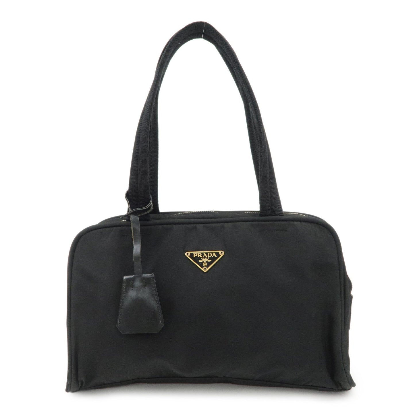 PRADA Triangle Logo Leather Nylon Hand Bag Shoulder Bag Black BR0141