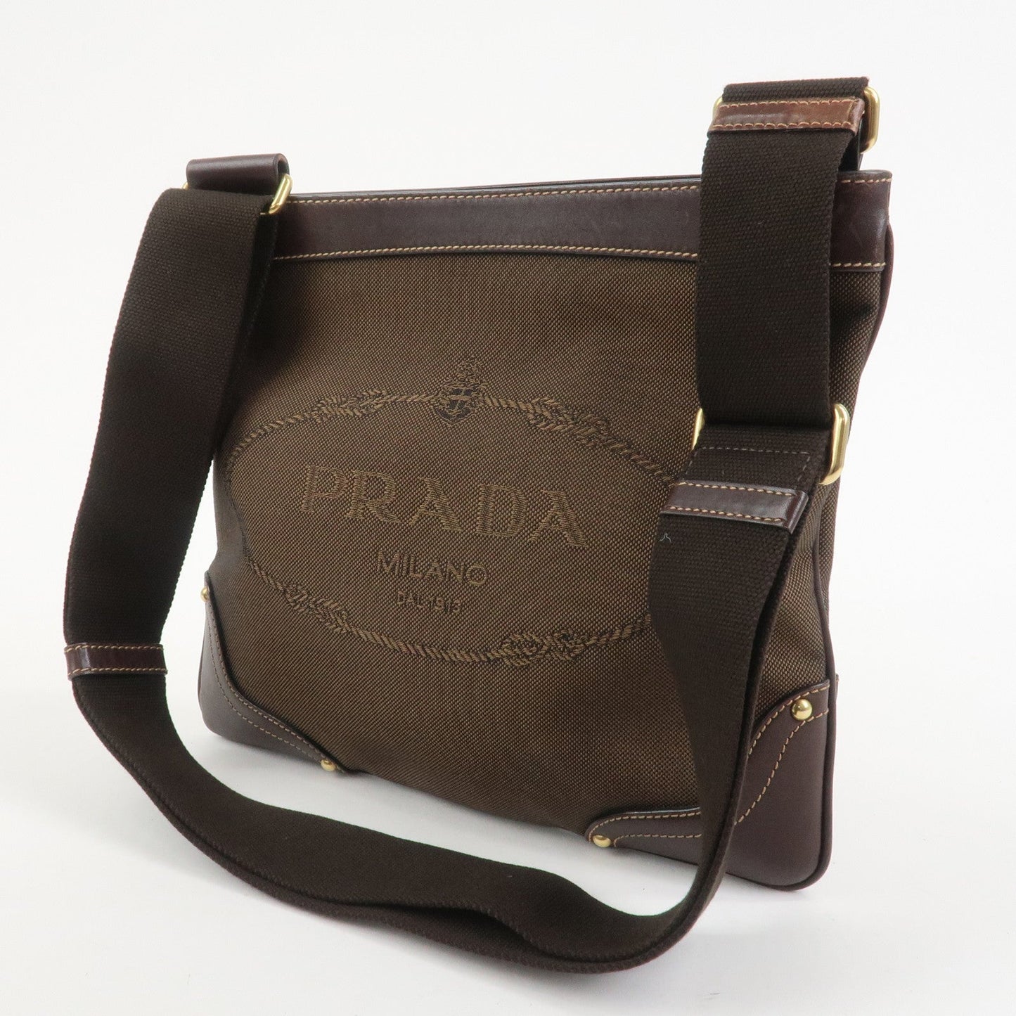 PRADA Logo Jacquard Leather Shoulder Bag Brown BT0537