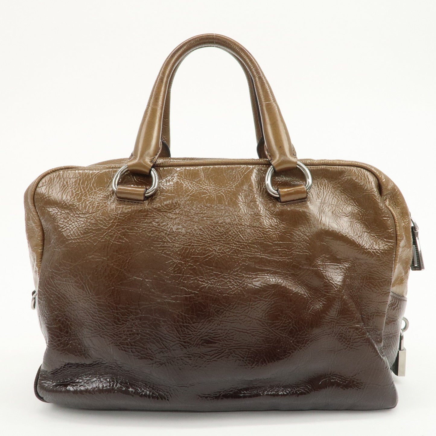 PRADA Logo Patent Leather Hand Bag Boston Bag Brown BL0555