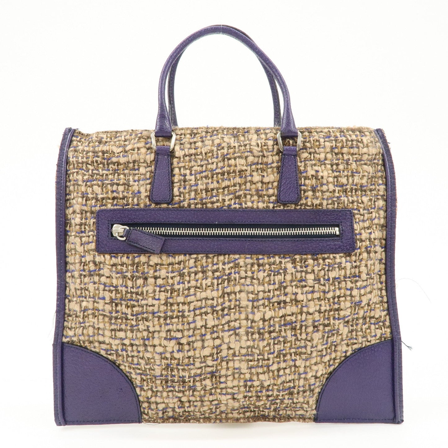 PRADA Triangle Logo Tweed Leather Tote Bag Purple Beige B11261
