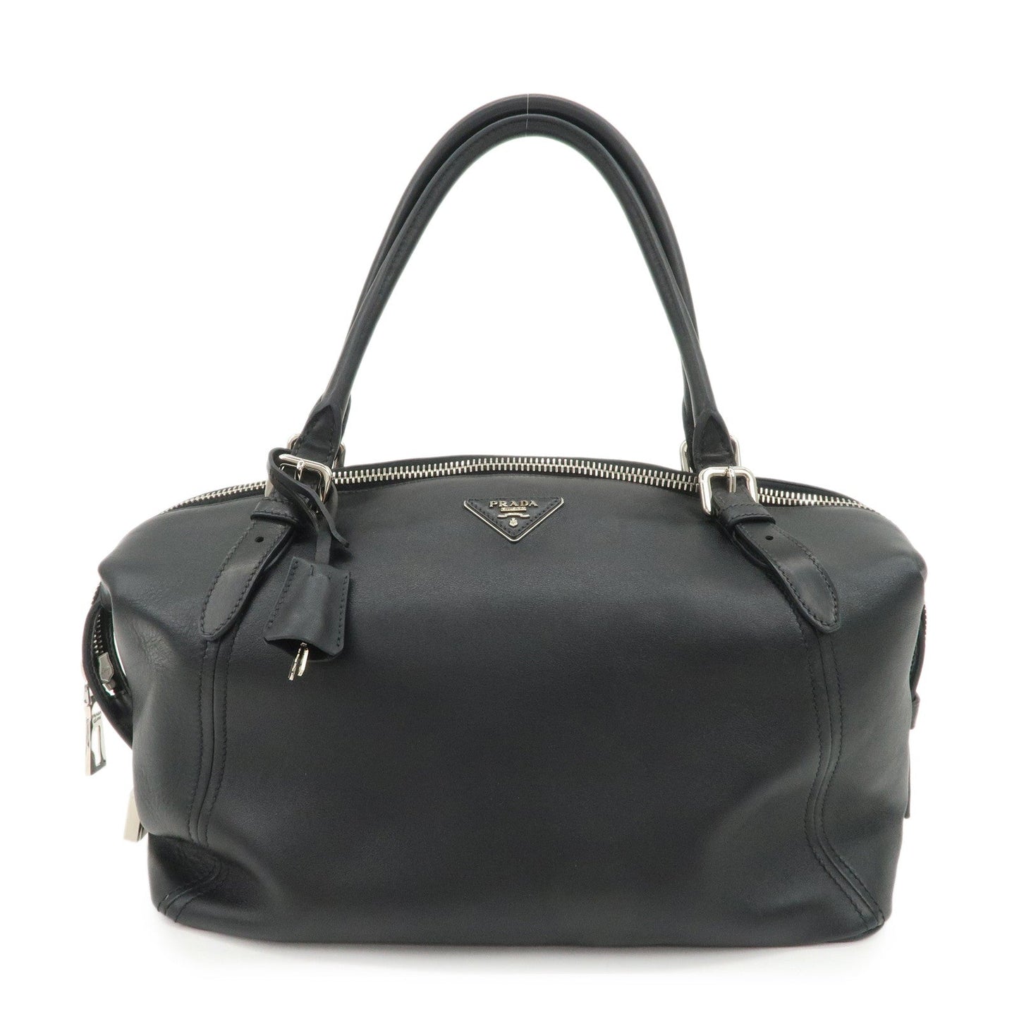 PRADA Triangle Logo Leather Boston Bag Shoulder Bag Black BR4998