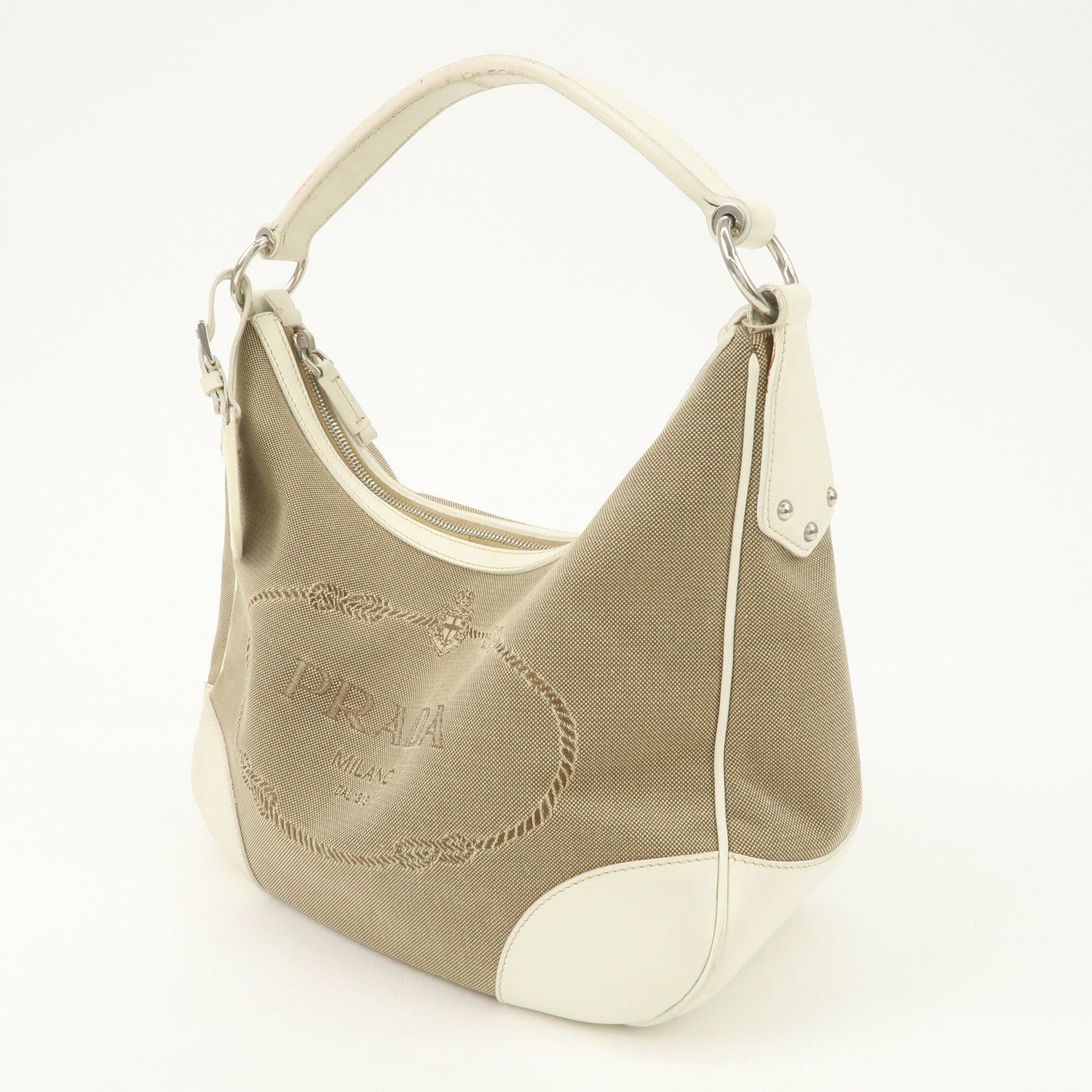 PRADA Logo Jacquard Canvas Leather Shoulder Bag Hand Bag BR3423