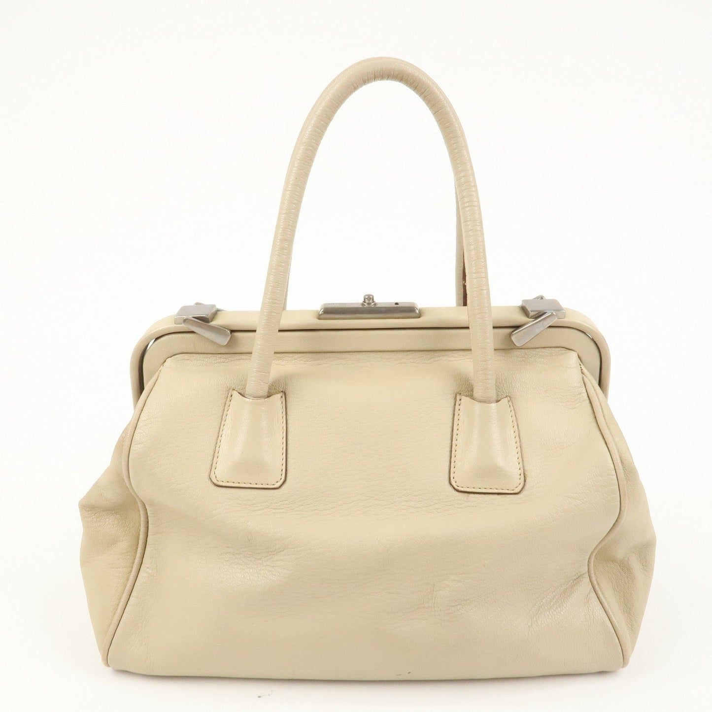 PRADA Leather Doctors Bag Hand Bag Beige Silver