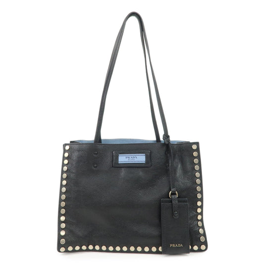 PRADA Logo Etiquette Leather Tote Bag Studs Black 1BG121