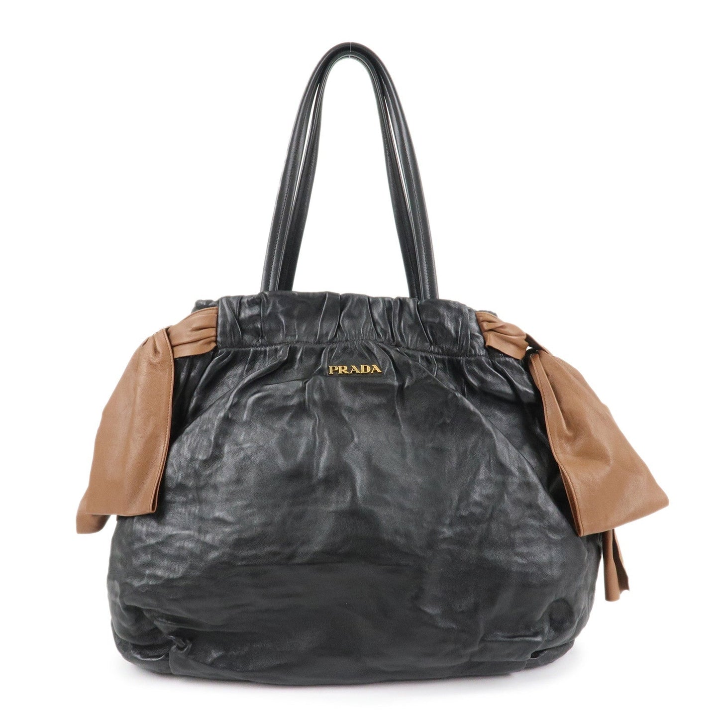 PRADA Leather Ribbon Shoulder Bag Hand Bag Black Brown